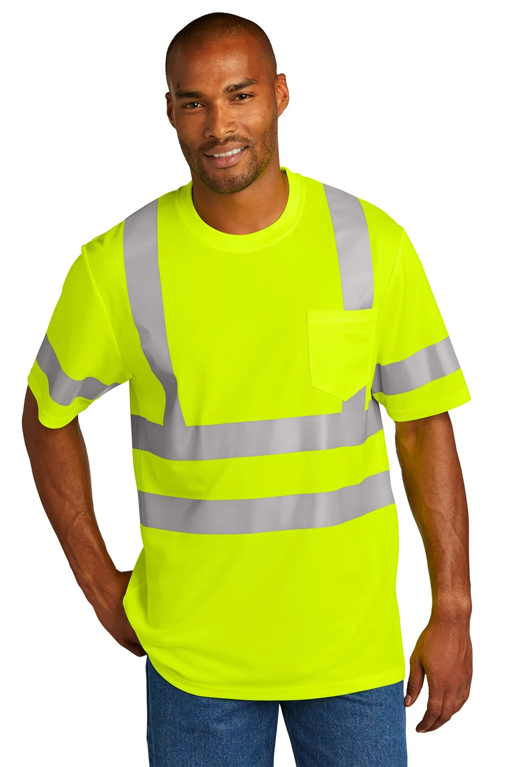 CornerStone Mens ANSI 107 Class 3 Moisture Wicking Short Sleeve Crewneck T-Shirt w/ Pocket - Safety Yellow