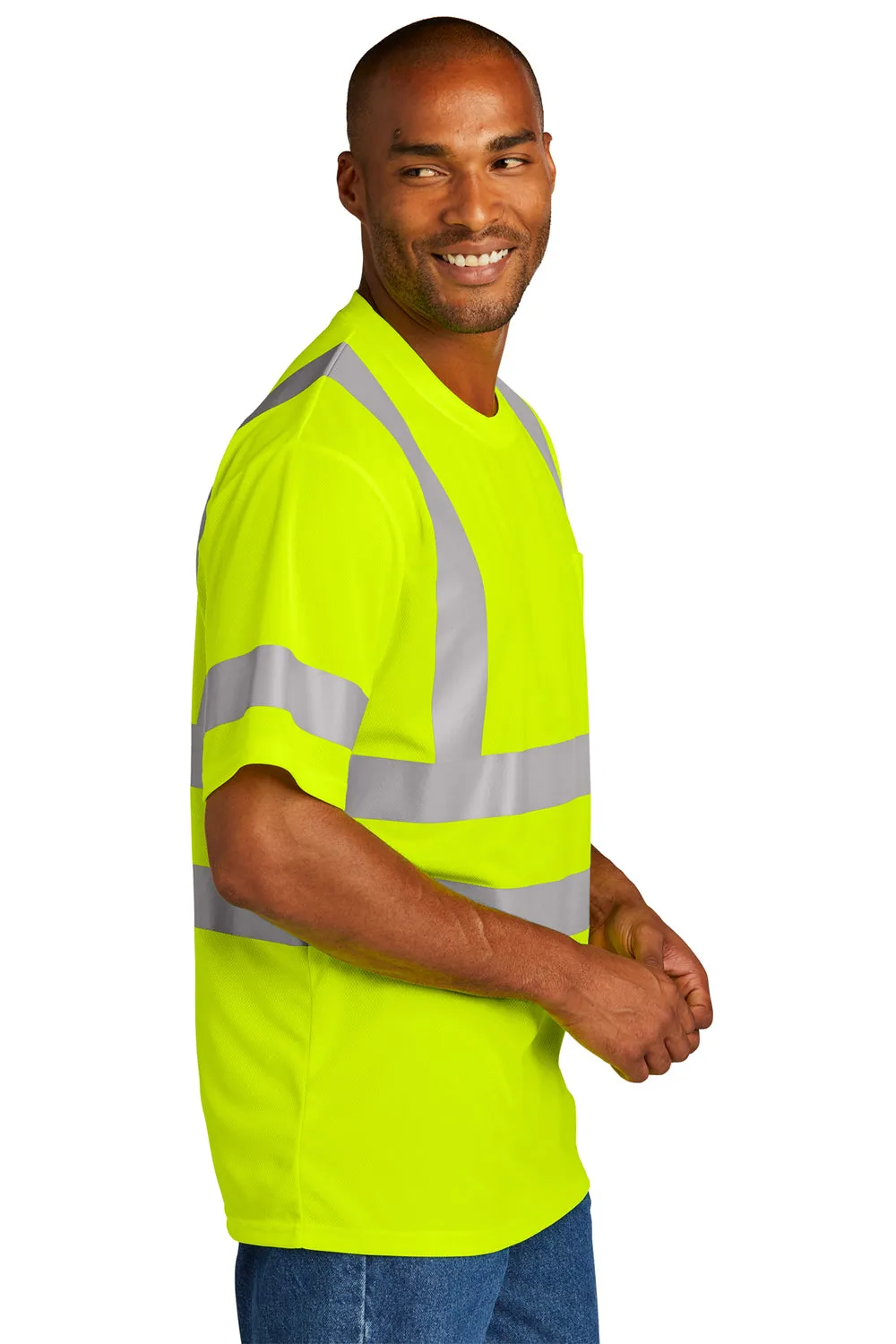 CornerStone Mens ANSI 107 Class 3 Moisture Wicking Short Sleeve Crewneck T-Shirt w/ Pocket - Safety Yellow