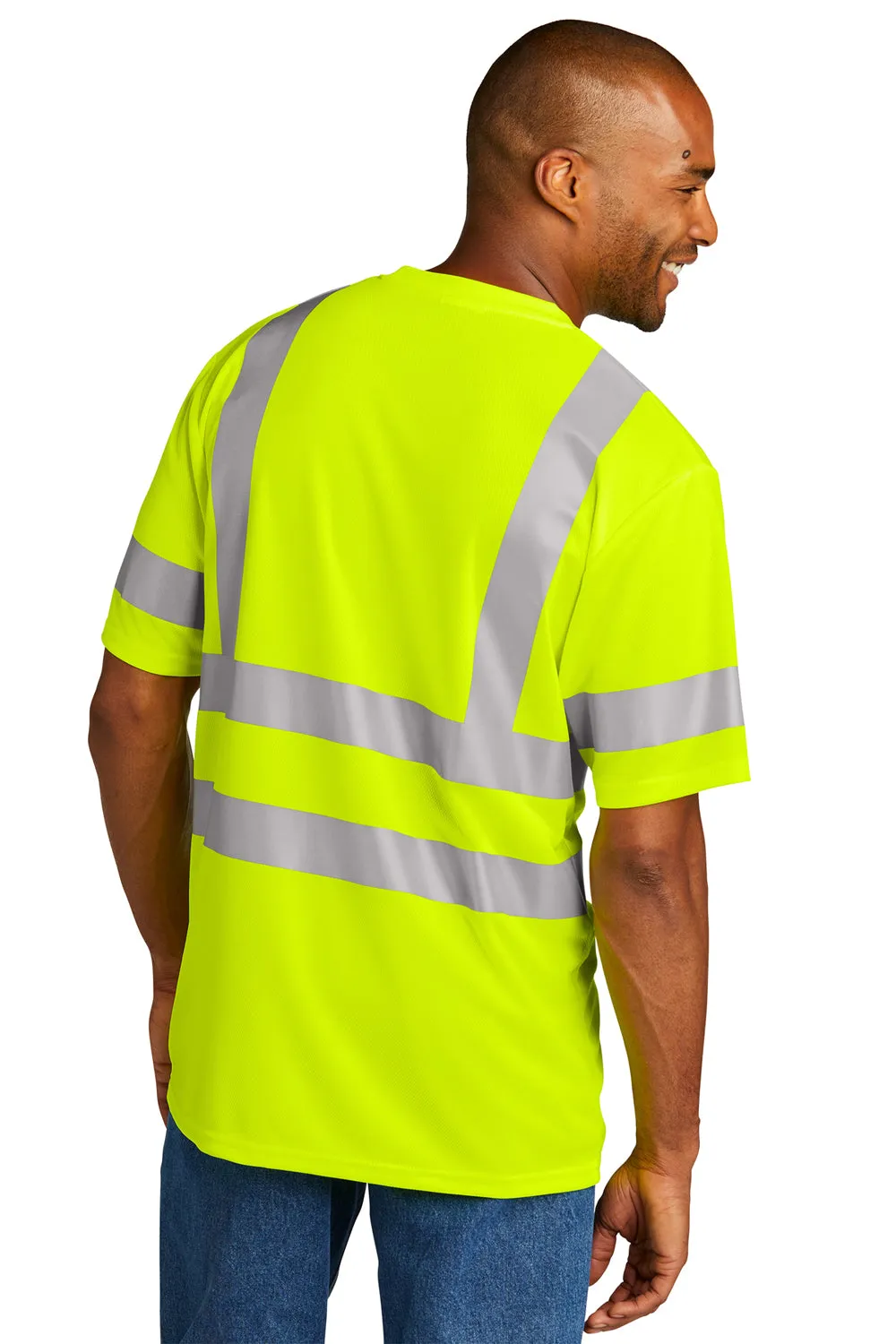 CornerStone Mens ANSI 107 Class 3 Moisture Wicking Short Sleeve Crewneck T-Shirt w/ Pocket - Safety Yellow
