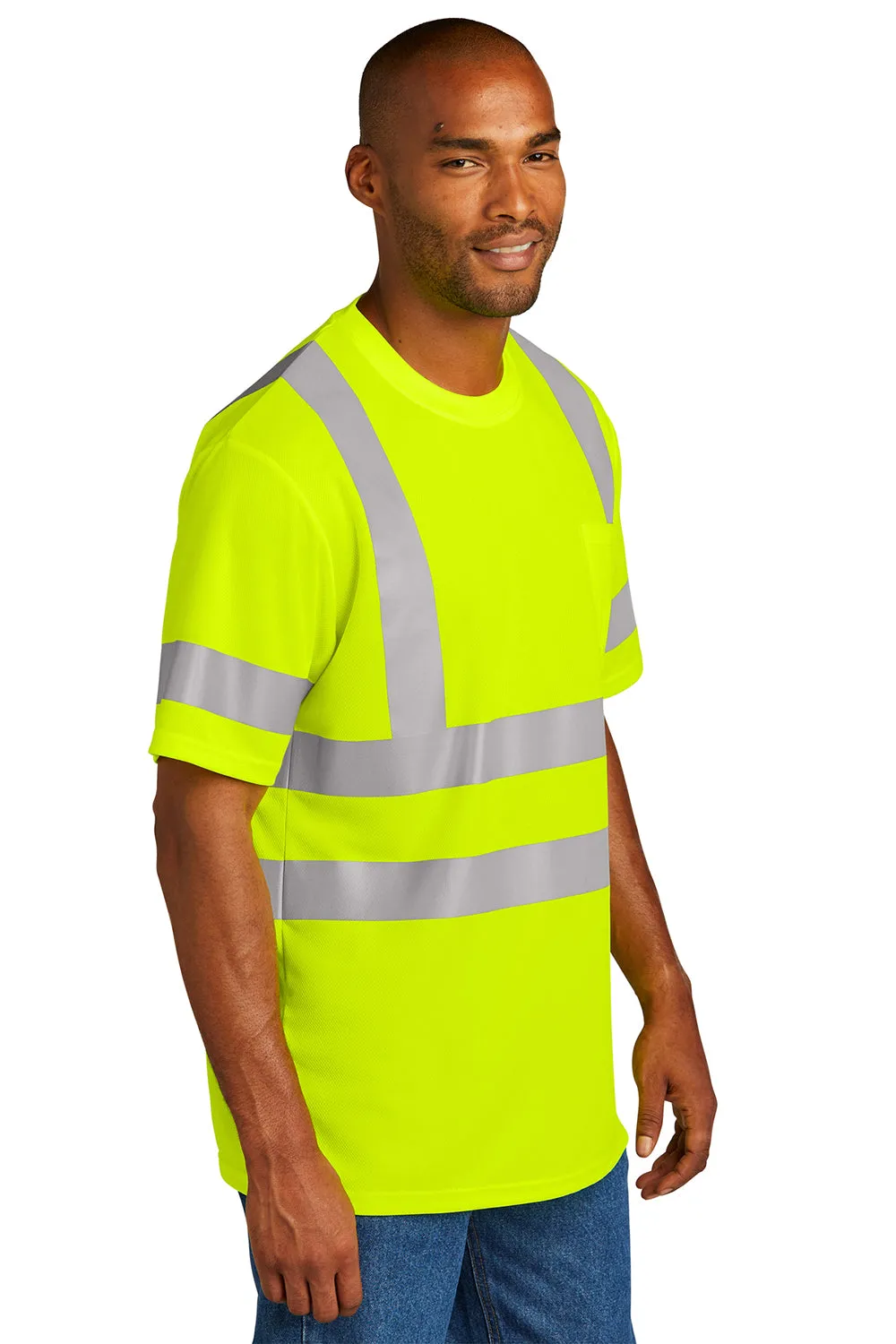 CornerStone Mens ANSI 107 Class 3 Moisture Wicking Short Sleeve Crewneck T-Shirt w/ Pocket - Safety Yellow