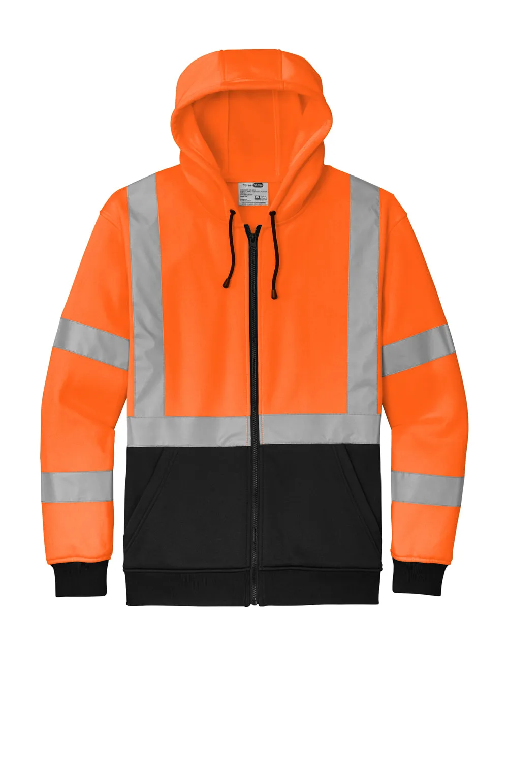 CornerStone Mens Enhanced Visibility Fleece Full Zip Hooded Sweatshirt Hoodie w/ Pockets - Safety Orange