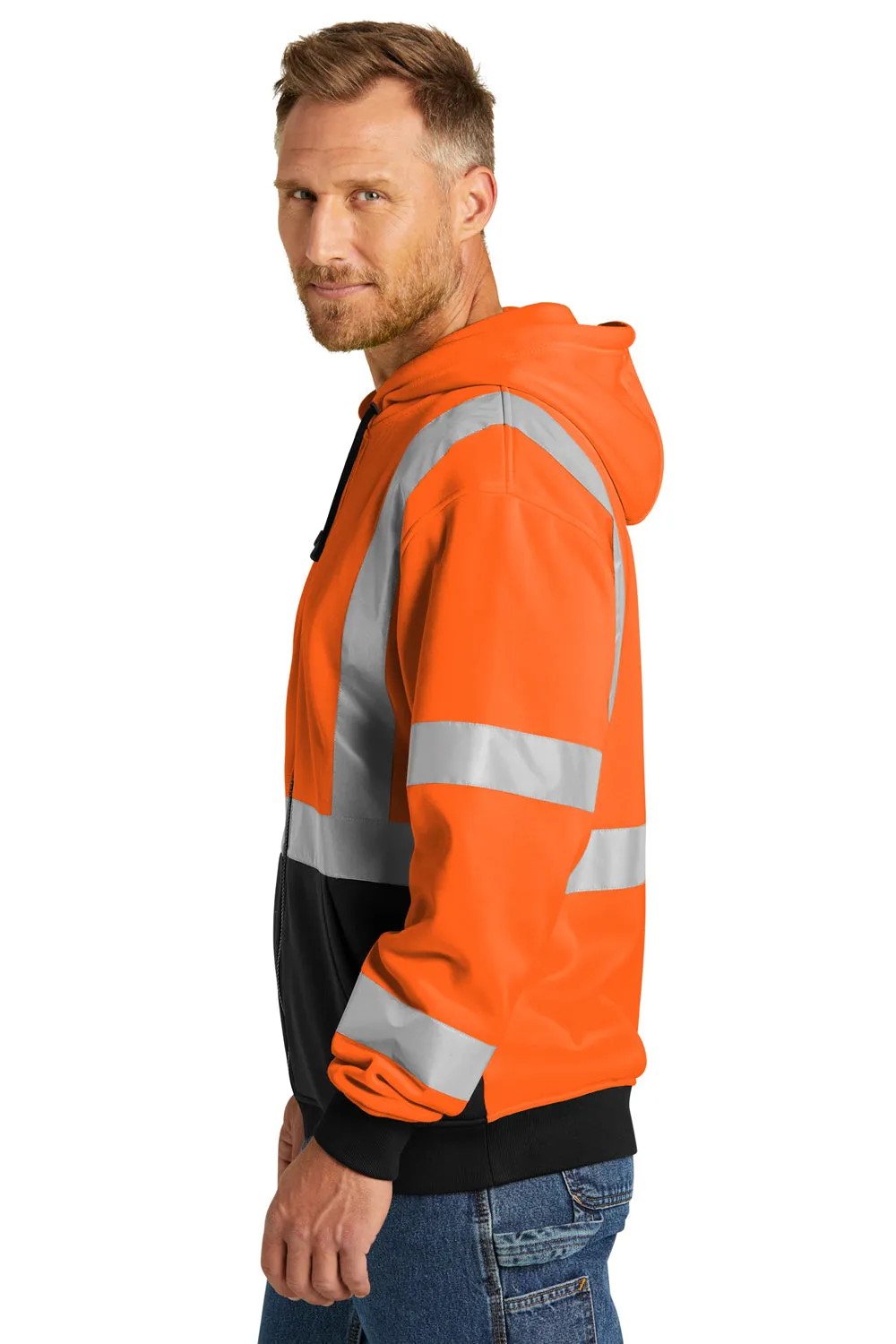 CornerStone Mens Enhanced Visibility Fleece Full Zip Hooded Sweatshirt Hoodie w/ Pockets - Safety Orange
