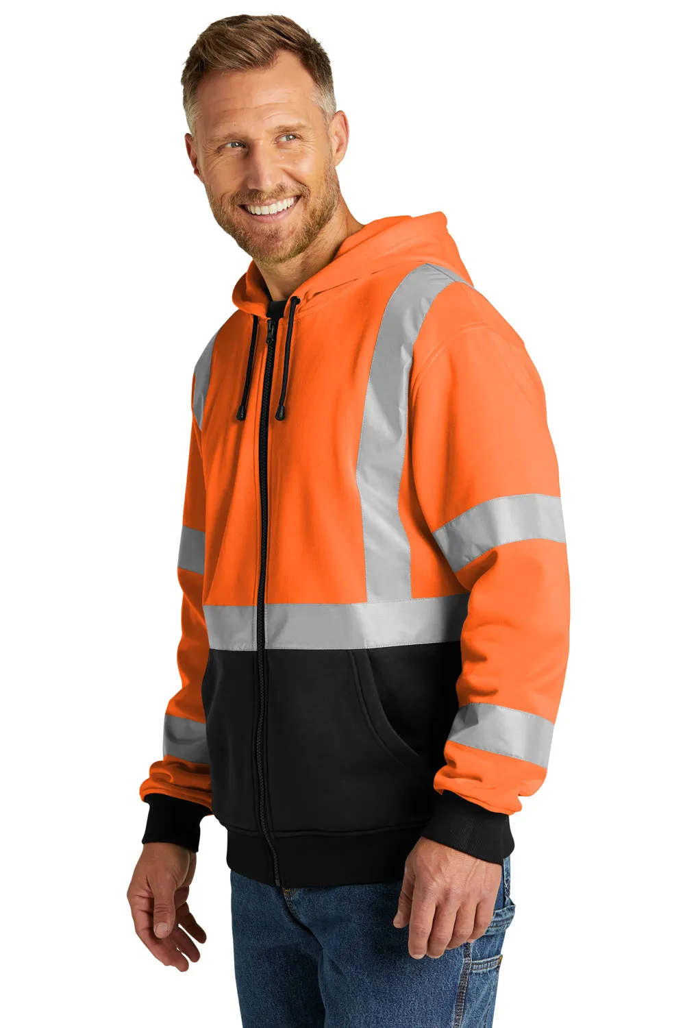 CornerStone Mens Enhanced Visibility Fleece Full Zip Hooded Sweatshirt Hoodie w/ Pockets - Safety Orange