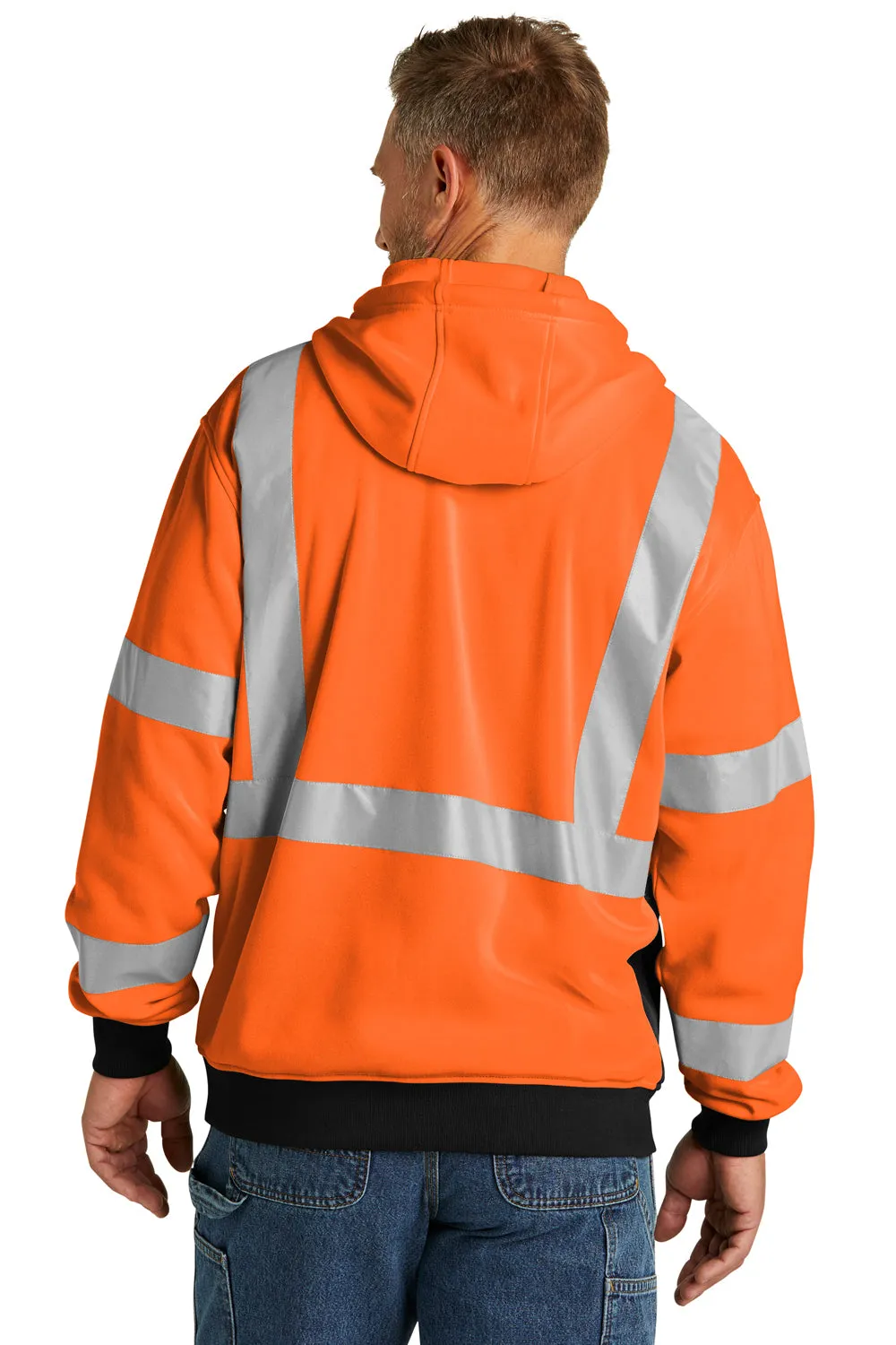 CornerStone Mens Enhanced Visibility Fleece Full Zip Hooded Sweatshirt Hoodie w/ Pockets - Safety Orange