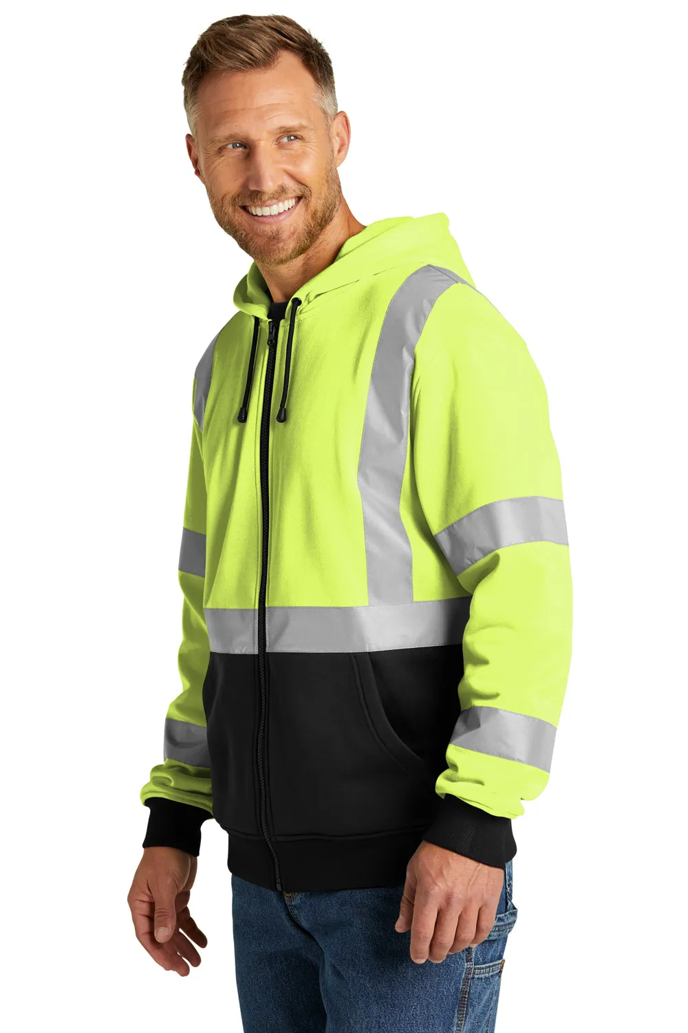 CornerStone Mens Enhanced Visibility Fleece Full Zip Hooded Sweatshirt Hoodie w/ Pockets - Safety Yellow