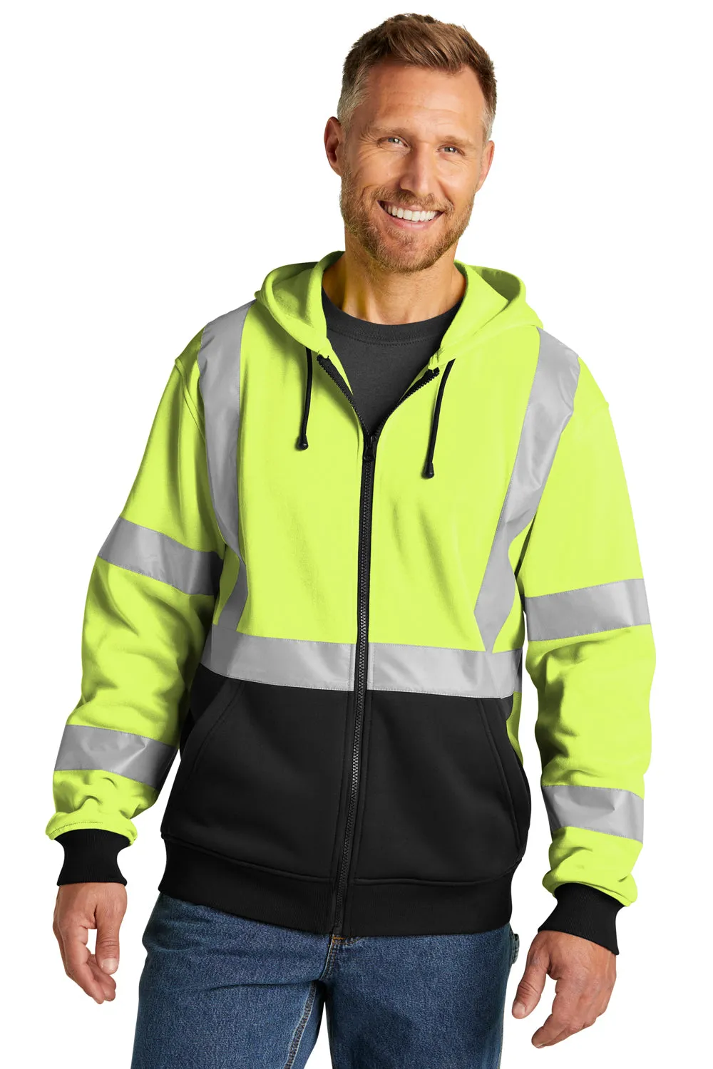 CornerStone Mens Enhanced Visibility Fleece Full Zip Hooded Sweatshirt Hoodie w/ Pockets - Safety Yellow
