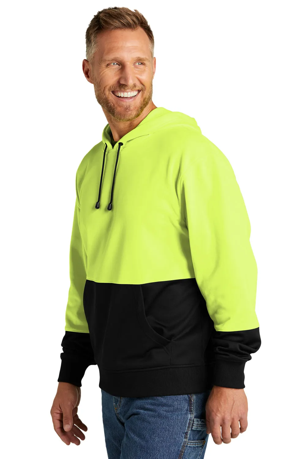 CornerStone Mens Enhanced Visibility Moisture Wicking Fleece Hooded Sweatshirt Hoodie w/ Pouch Pocket - Safety Yellow