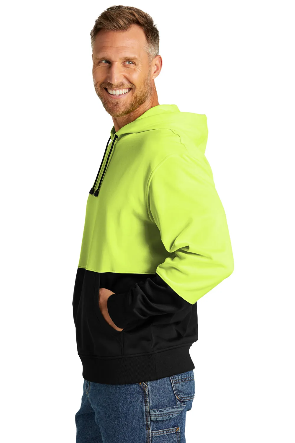 CornerStone Mens Enhanced Visibility Moisture Wicking Fleece Hooded Sweatshirt Hoodie w/ Pouch Pocket - Safety Yellow