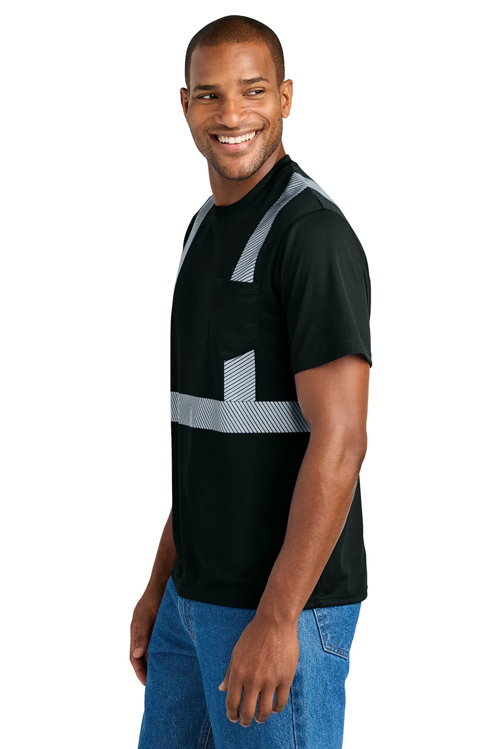 CornerStone Mens Enhanced Visibility Moisture Wicking Short Sleeve Crewneck T-Shirt w/ Pocket - Black