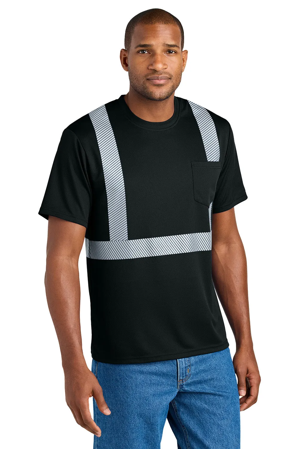 CornerStone Mens Enhanced Visibility Moisture Wicking Short Sleeve Crewneck T-Shirt w/ Pocket - Black