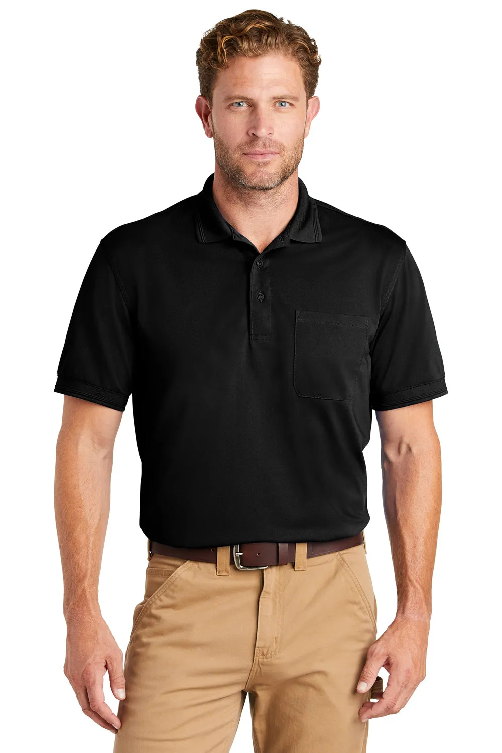 CornerStone Mens Industrial Moisture Wicking Short Sleeve Polo Shirt w/ Pocket - Black
