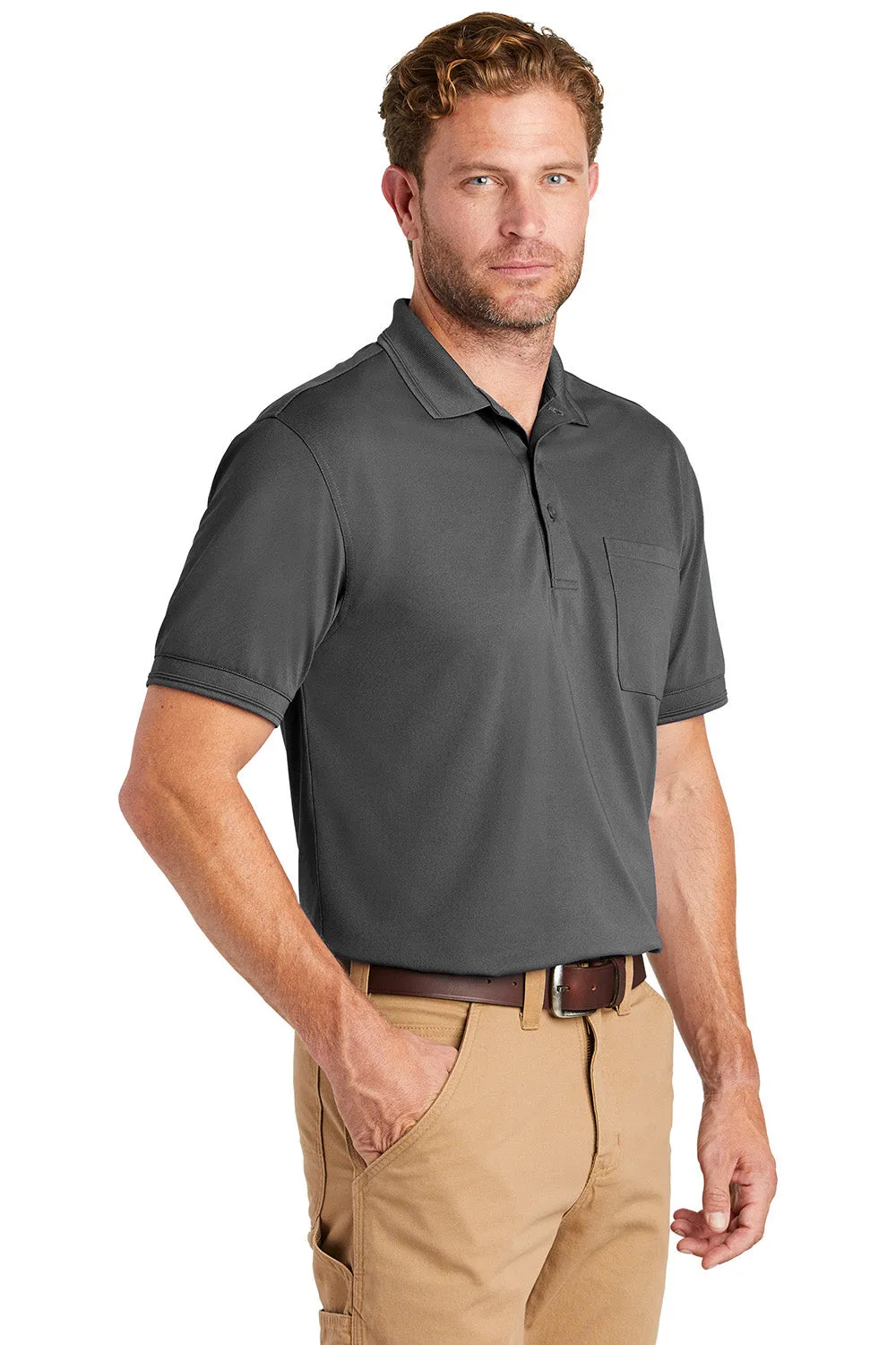 CornerStone Mens Industrial Moisture Wicking Short Sleeve Polo Shirt w/ Pocket - Charcoal Grey