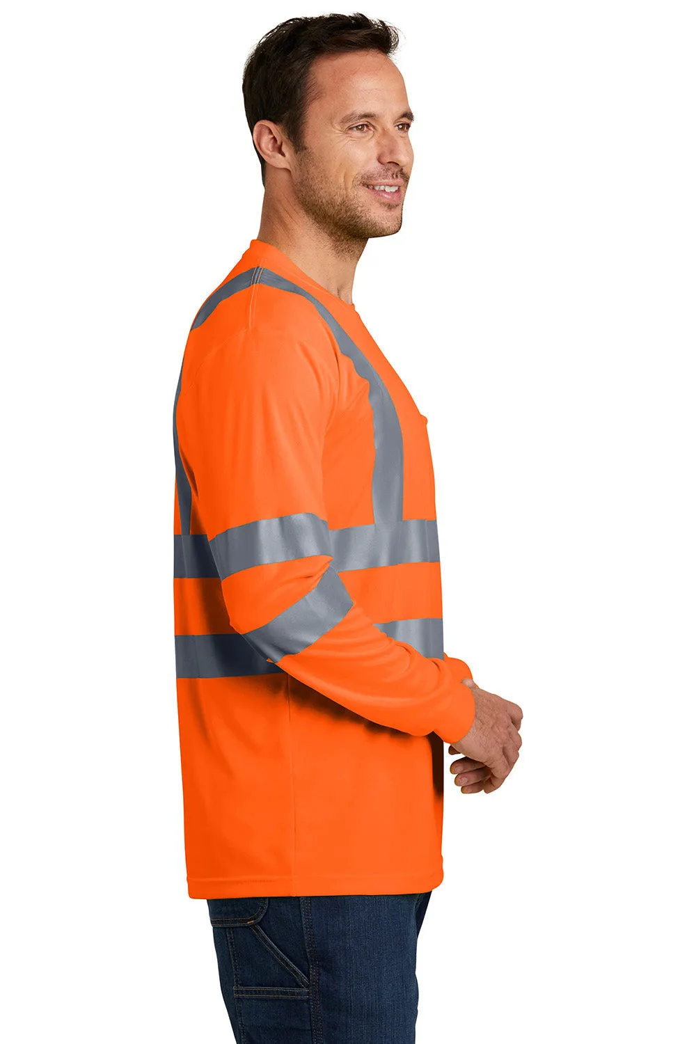 CornerStone Mens Moisture Wicking Long Sleeve Crewneck T-Shirt w/ Pocket - Safety Orange