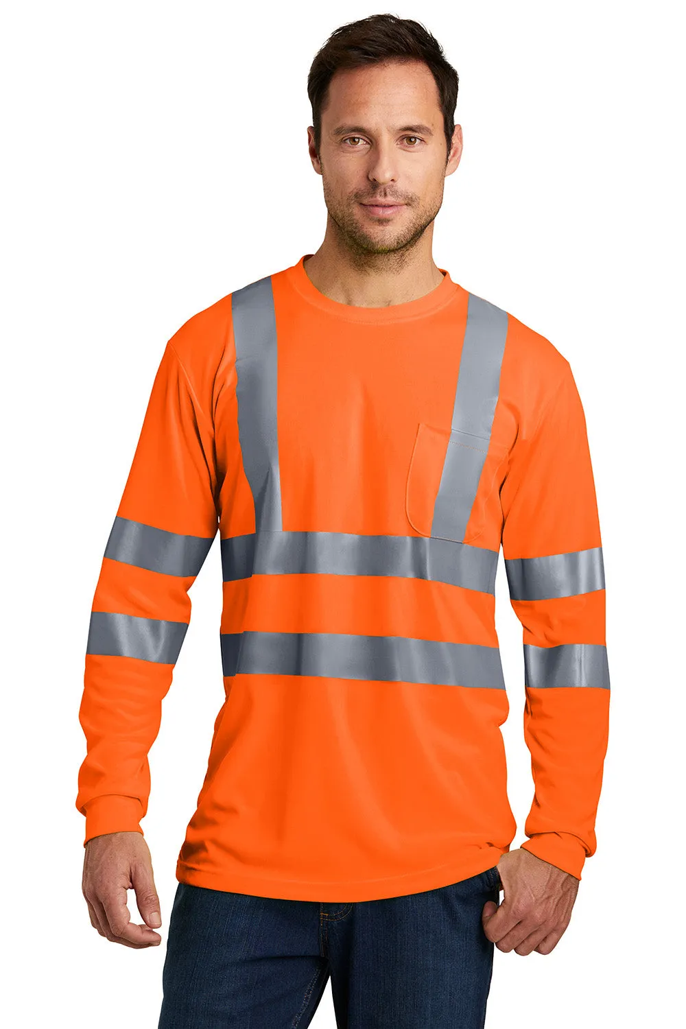 CornerStone Mens Moisture Wicking Long Sleeve Crewneck T-Shirt w/ Pocket - Safety Orange