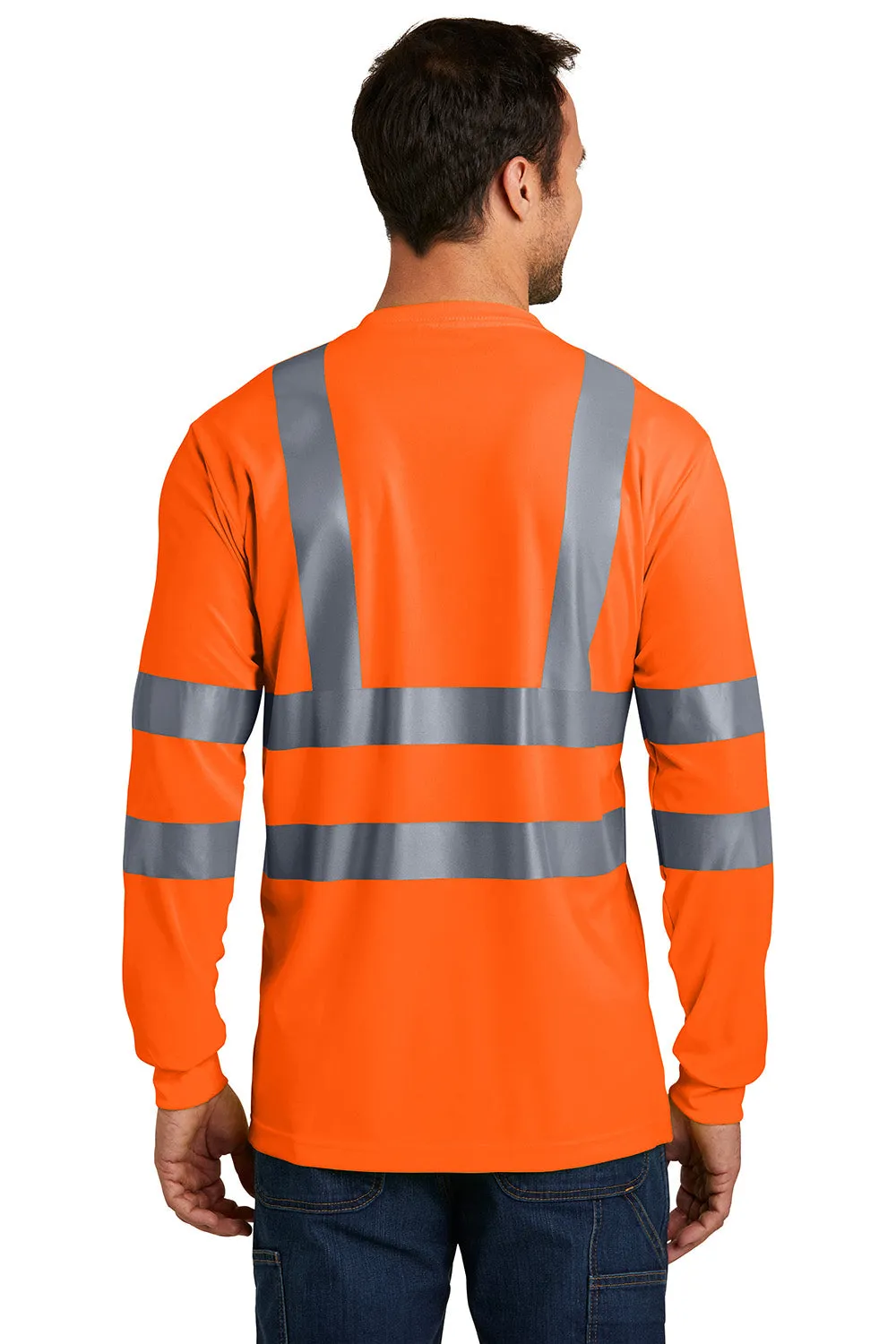 CornerStone Mens Moisture Wicking Long Sleeve Crewneck T-Shirt w/ Pocket - Safety Orange