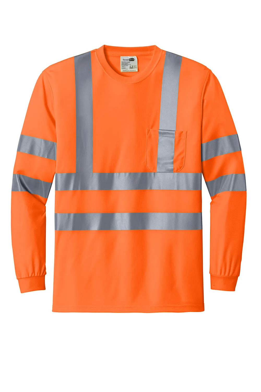 CornerStone Mens Moisture Wicking Long Sleeve Crewneck T-Shirt w/ Pocket - Safety Orange