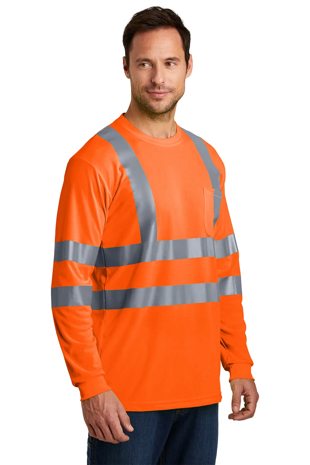 CornerStone Mens Moisture Wicking Long Sleeve Crewneck T-Shirt w/ Pocket - Safety Orange