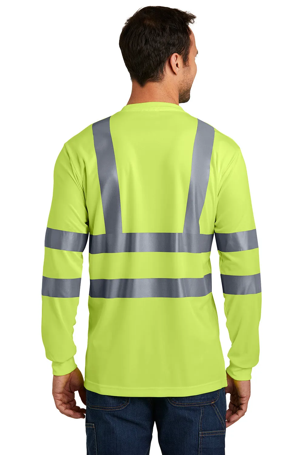 CornerStone Mens Moisture Wicking Long Sleeve Crewneck T-Shirt w/ Pocket - Safety Yellow