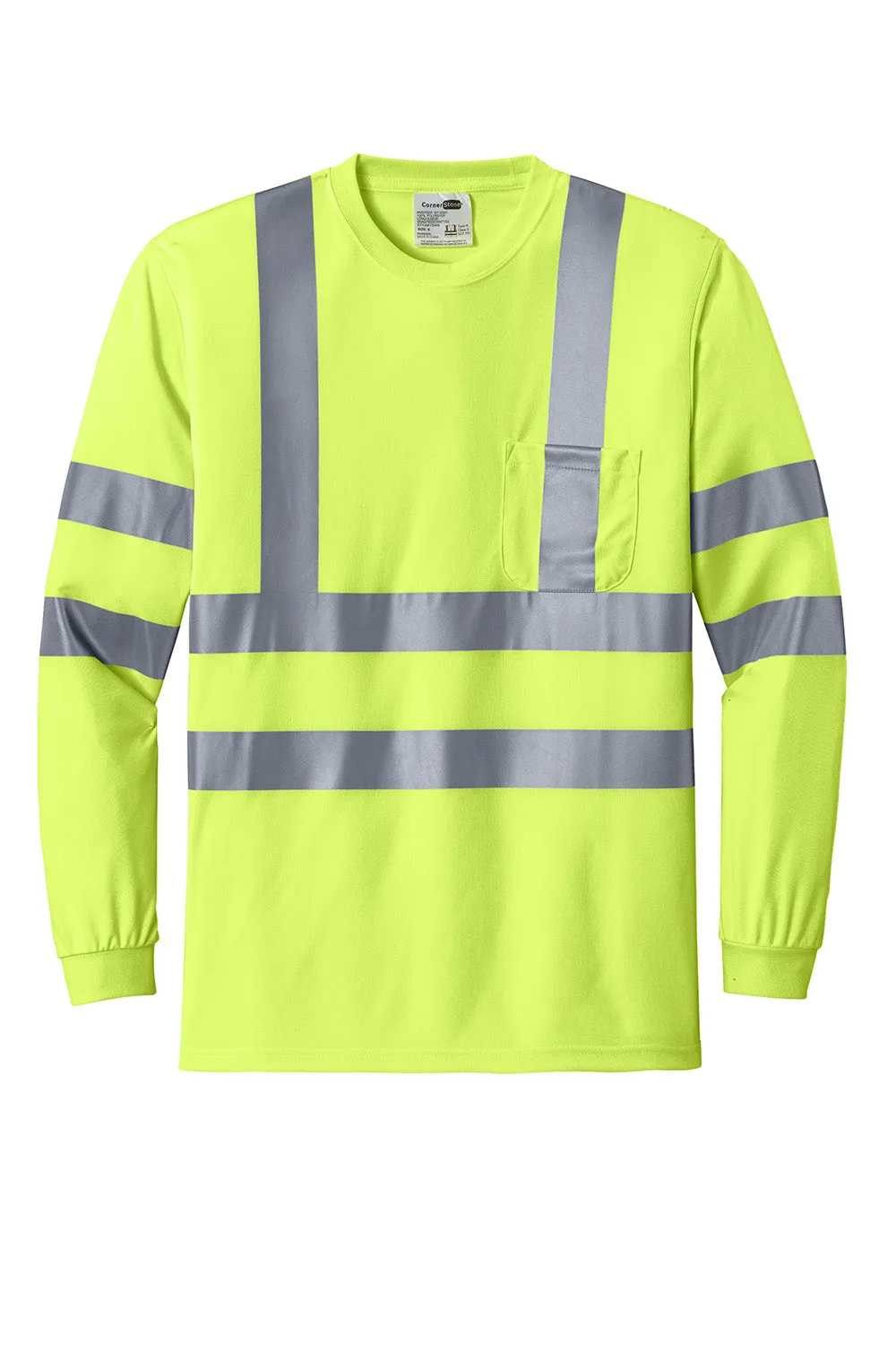 CornerStone Mens Moisture Wicking Long Sleeve Crewneck T-Shirt w/ Pocket - Safety Yellow