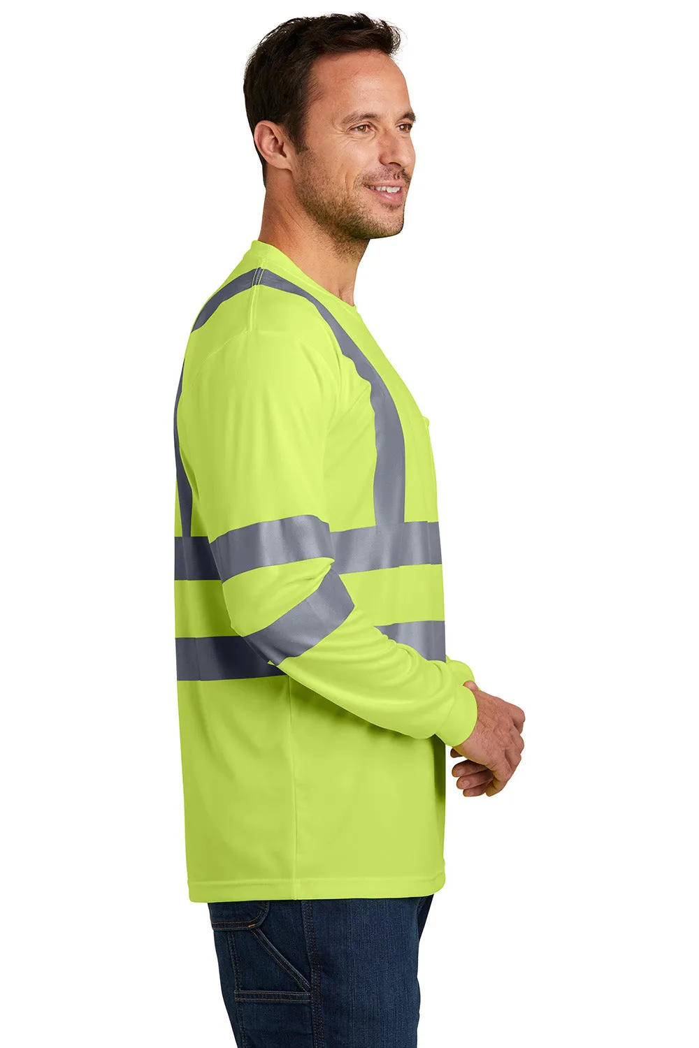 CornerStone Mens Moisture Wicking Long Sleeve Crewneck T-Shirt w/ Pocket - Safety Yellow