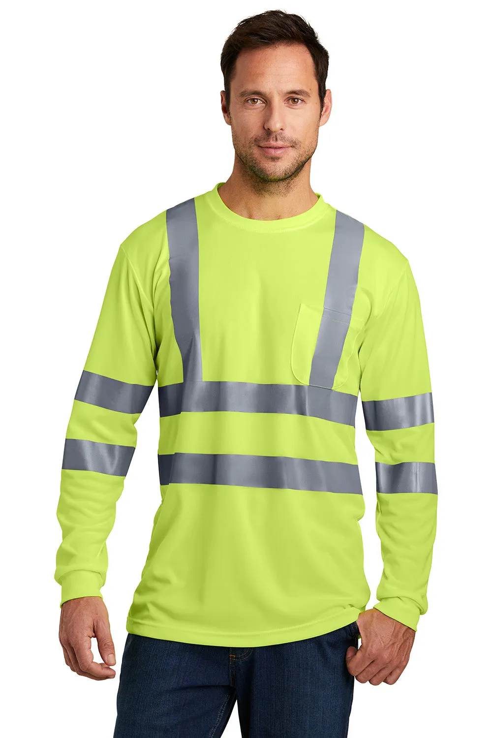 CornerStone Mens Moisture Wicking Long Sleeve Crewneck T-Shirt w/ Pocket - Safety Yellow