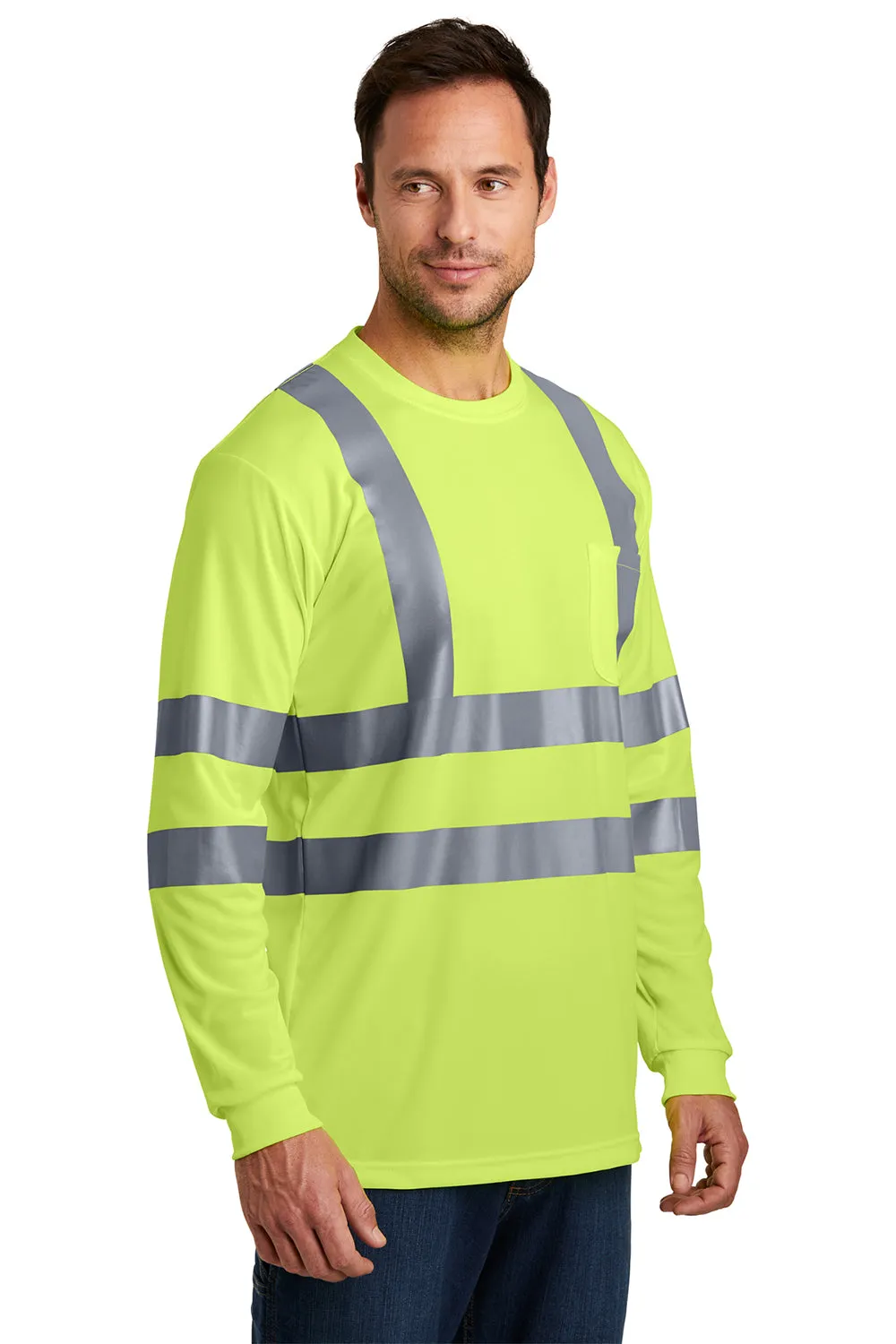 CornerStone Mens Moisture Wicking Long Sleeve Crewneck T-Shirt w/ Pocket - Safety Yellow