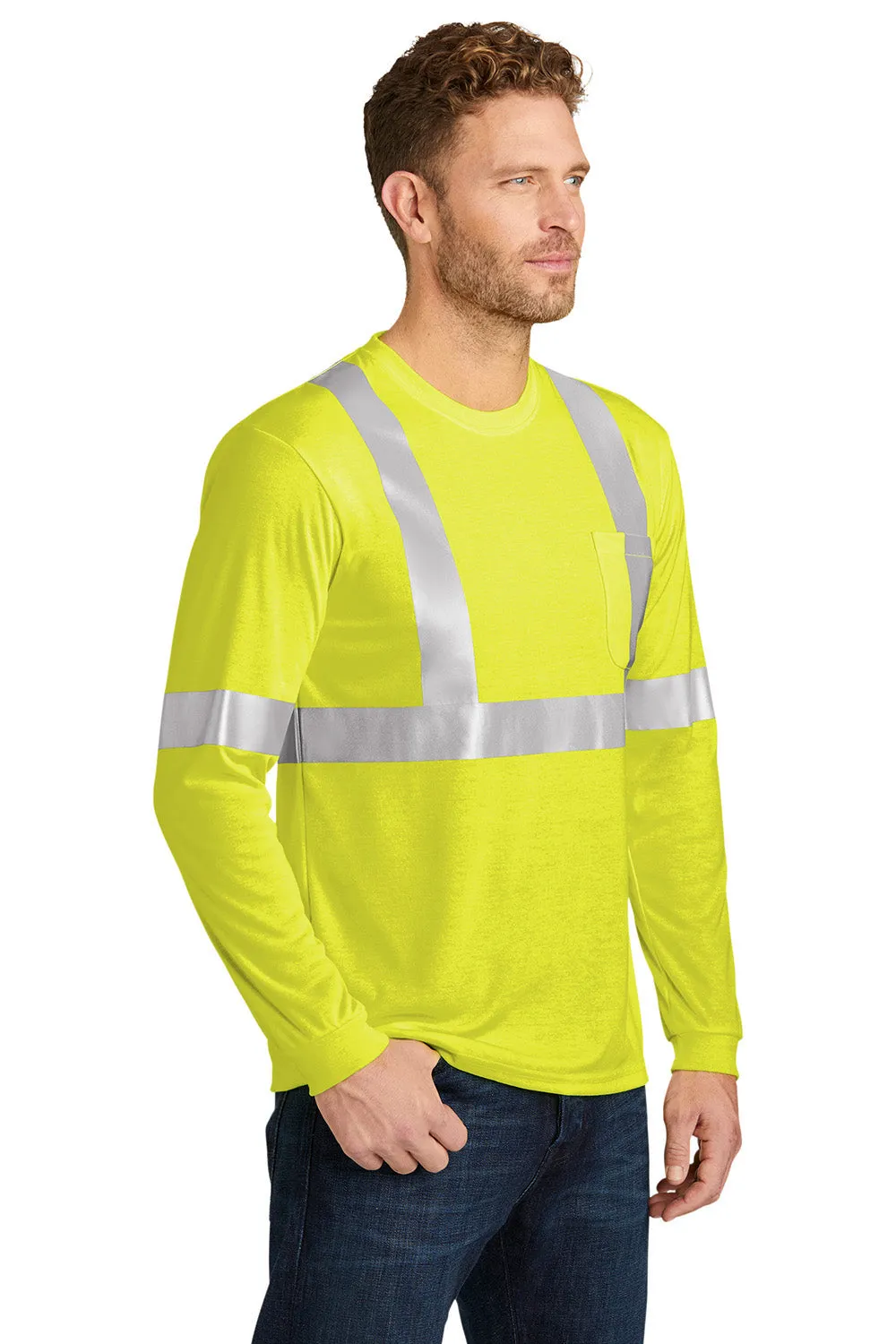 CornerStone Mens Moisture Wicking Long Sleeve Crewneck T-Shirt w/ Pocket - Safety Yellow