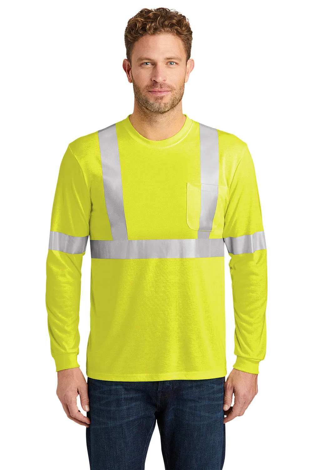 CornerStone Mens Moisture Wicking Long Sleeve Crewneck T-Shirt w/ Pocket - Safety Yellow