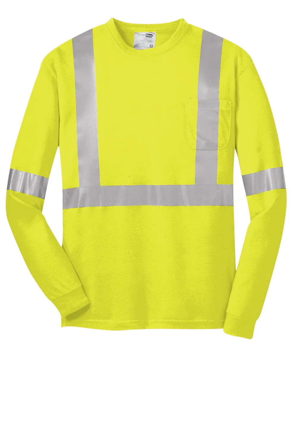 CornerStone Mens Moisture Wicking Long Sleeve Crewneck T-Shirt w/ Pocket - Safety Yellow
