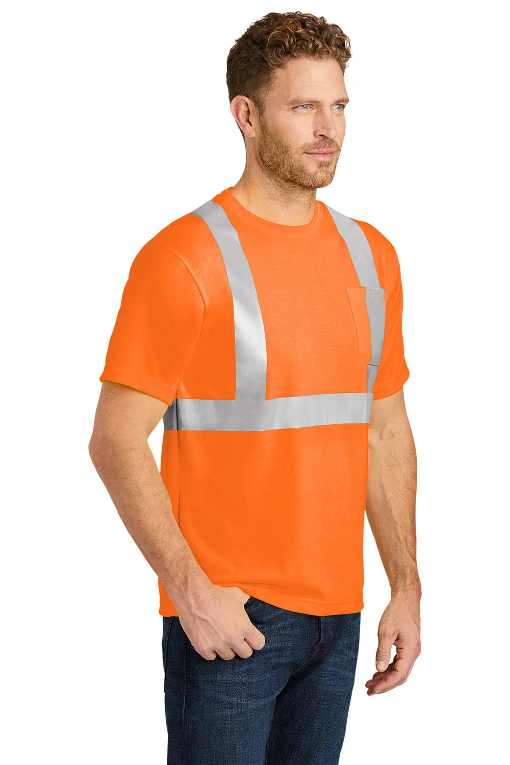 CornerStone Mens Moisture Wicking Short Sleeve Crewneck T-Shirt w/ Pocket - Safety Orange