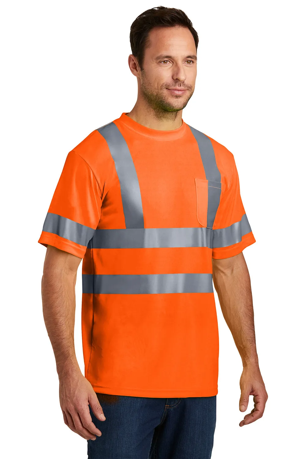 CornerStone Mens Moisture Wicking Short Sleeve Crewneck T-Shirt w/ Pocket - Safety Orange
