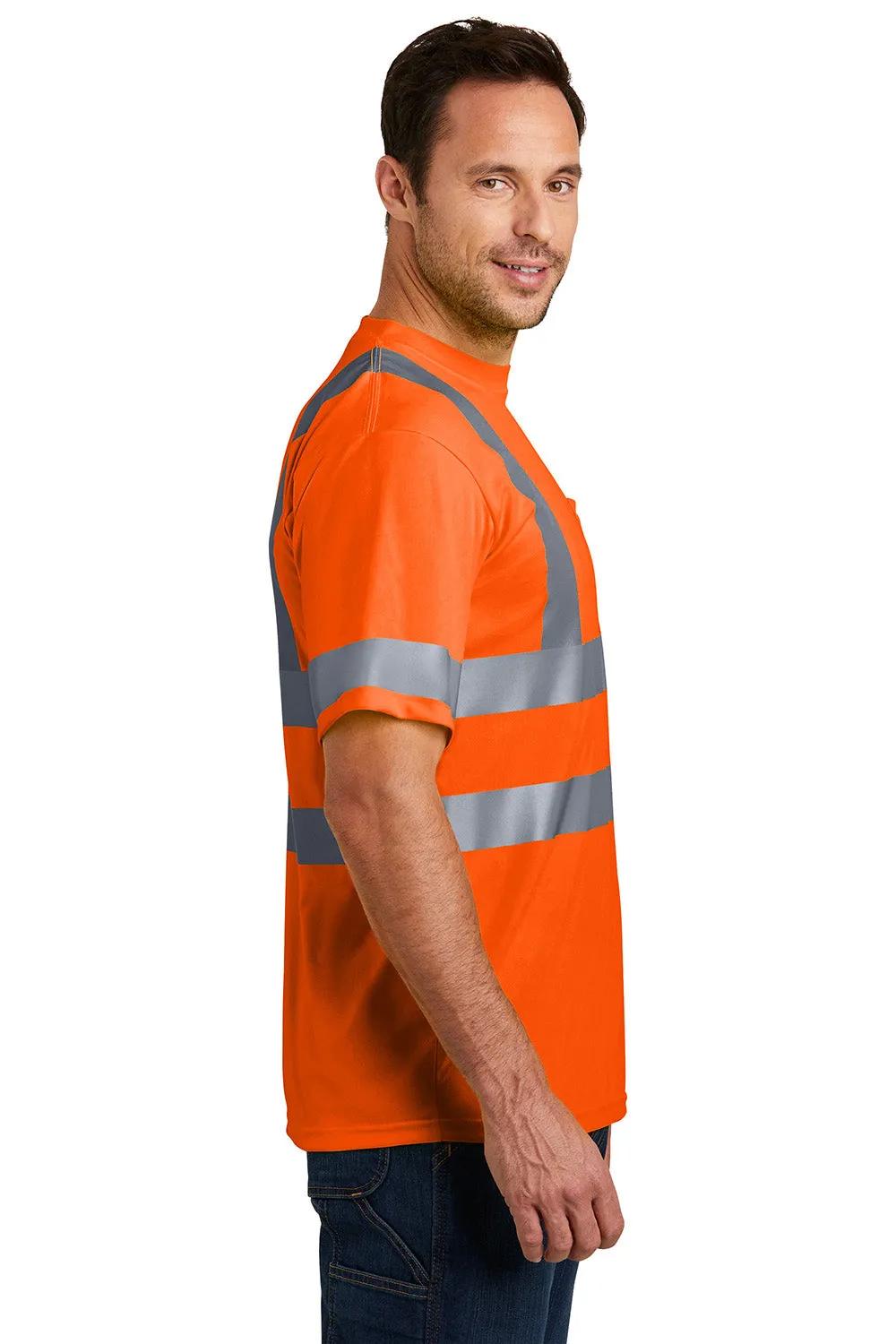 CornerStone Mens Moisture Wicking Short Sleeve Crewneck T-Shirt w/ Pocket - Safety Orange