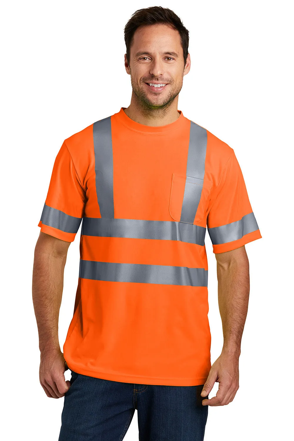 CornerStone Mens Moisture Wicking Short Sleeve Crewneck T-Shirt w/ Pocket - Safety Orange