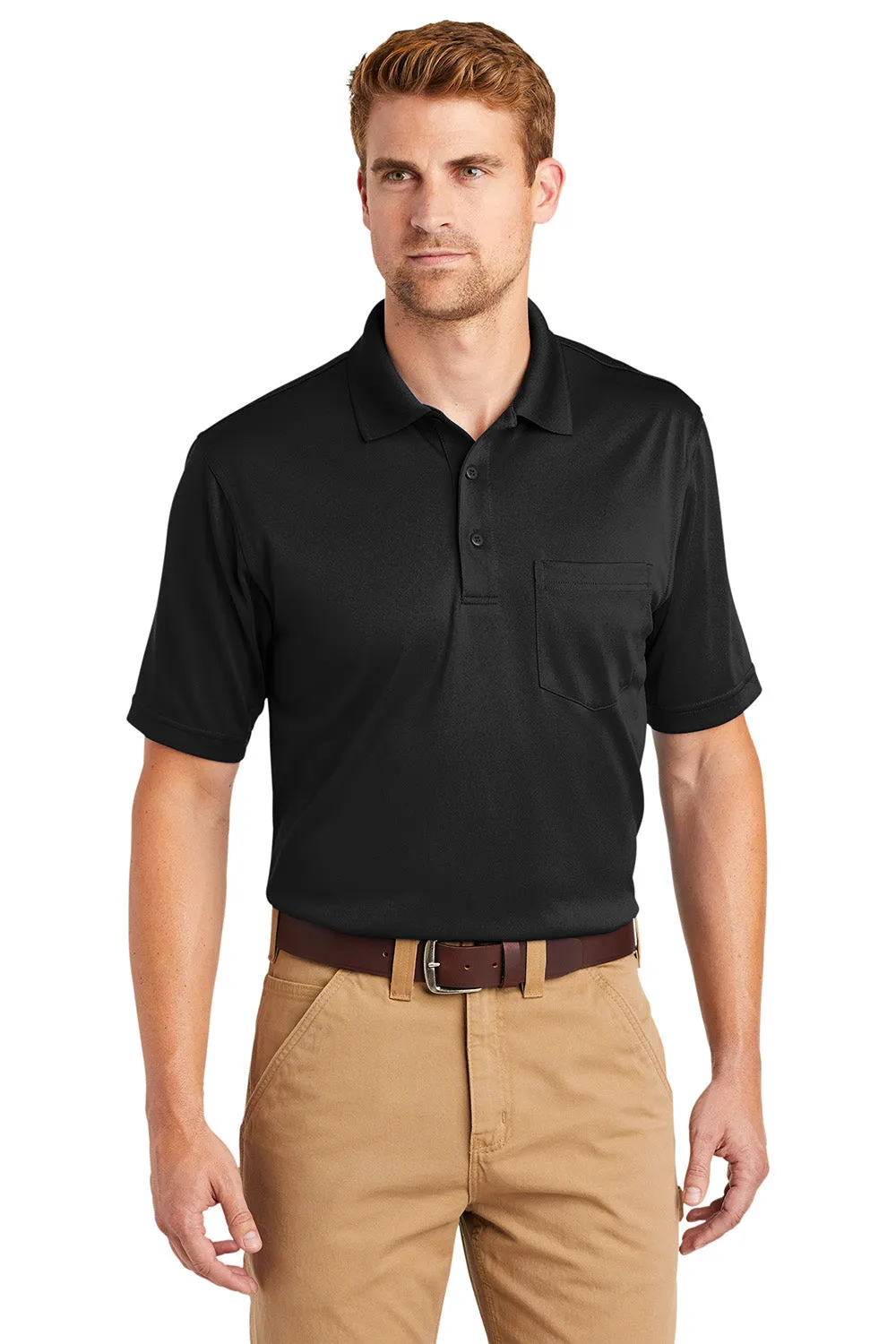 CornerStone Mens Select Moisture Wicking Short Sleeve Polo Shirt w/ Pocket - Black