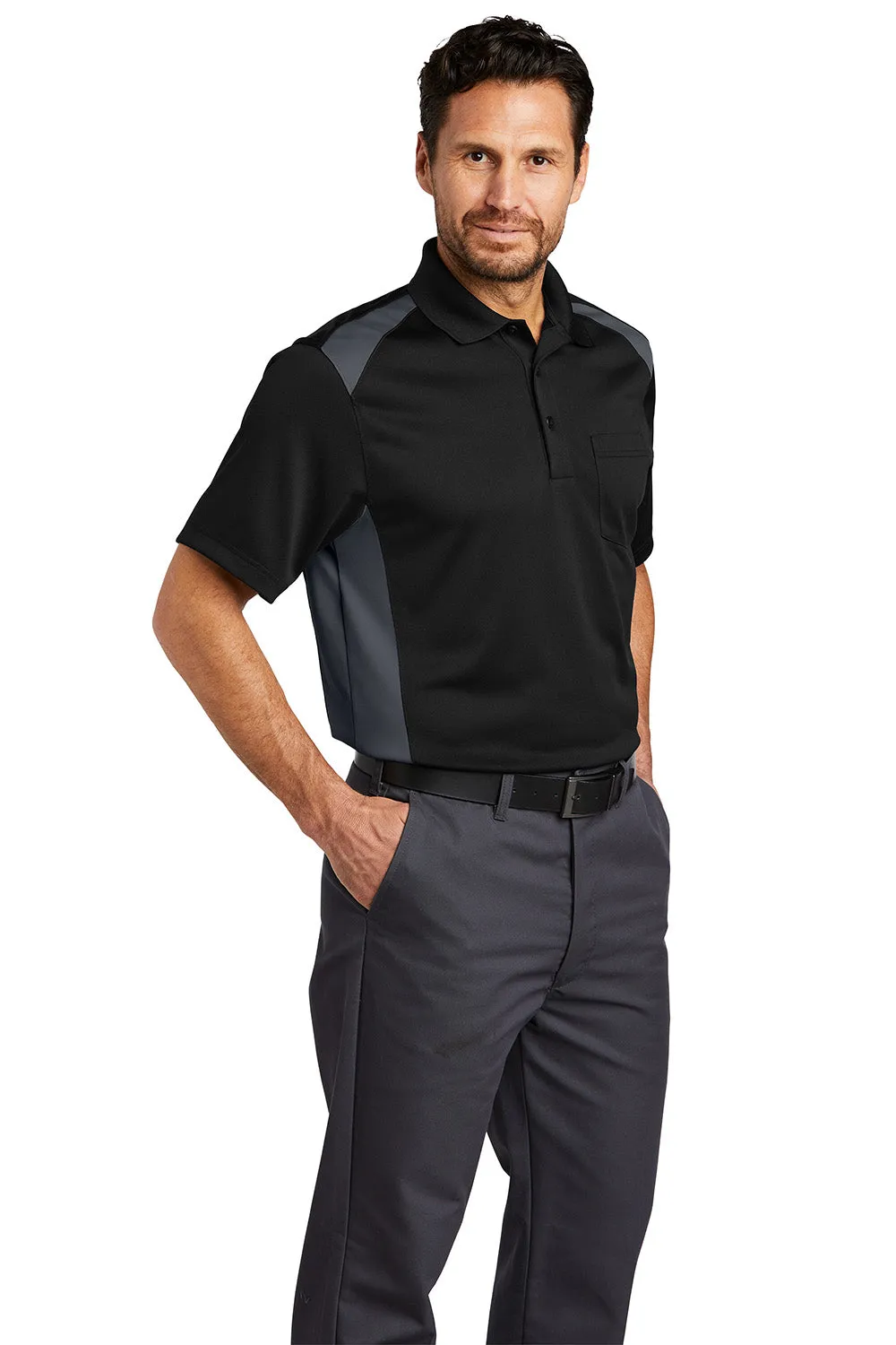 CornerStone Mens Select Moisture Wicking Short Sleeve Polo Shirt w/ Pocket - Black/Charcoal Grey