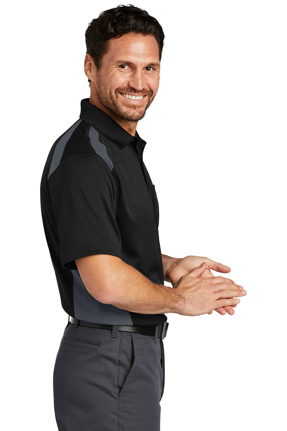 CornerStone Mens Select Moisture Wicking Short Sleeve Polo Shirt w/ Pocket - Black/Charcoal Grey