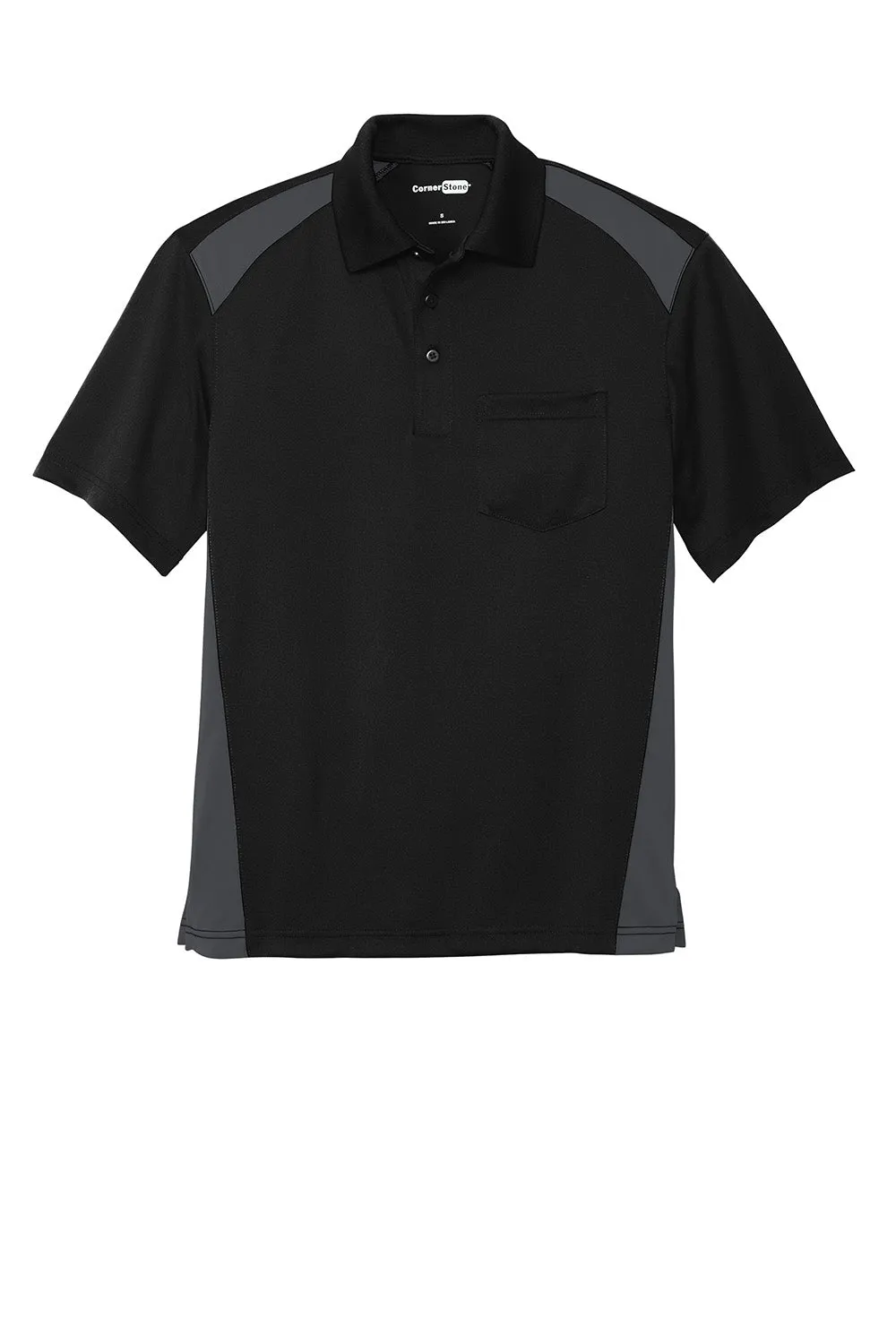 CornerStone Mens Select Moisture Wicking Short Sleeve Polo Shirt w/ Pocket - Black/Charcoal Grey