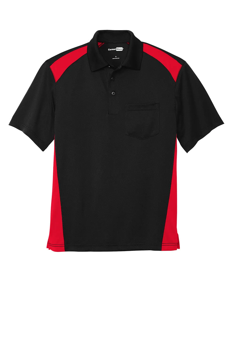 CornerStone Mens Select Moisture Wicking Short Sleeve Polo Shirt w/ Pocket - Black/Red