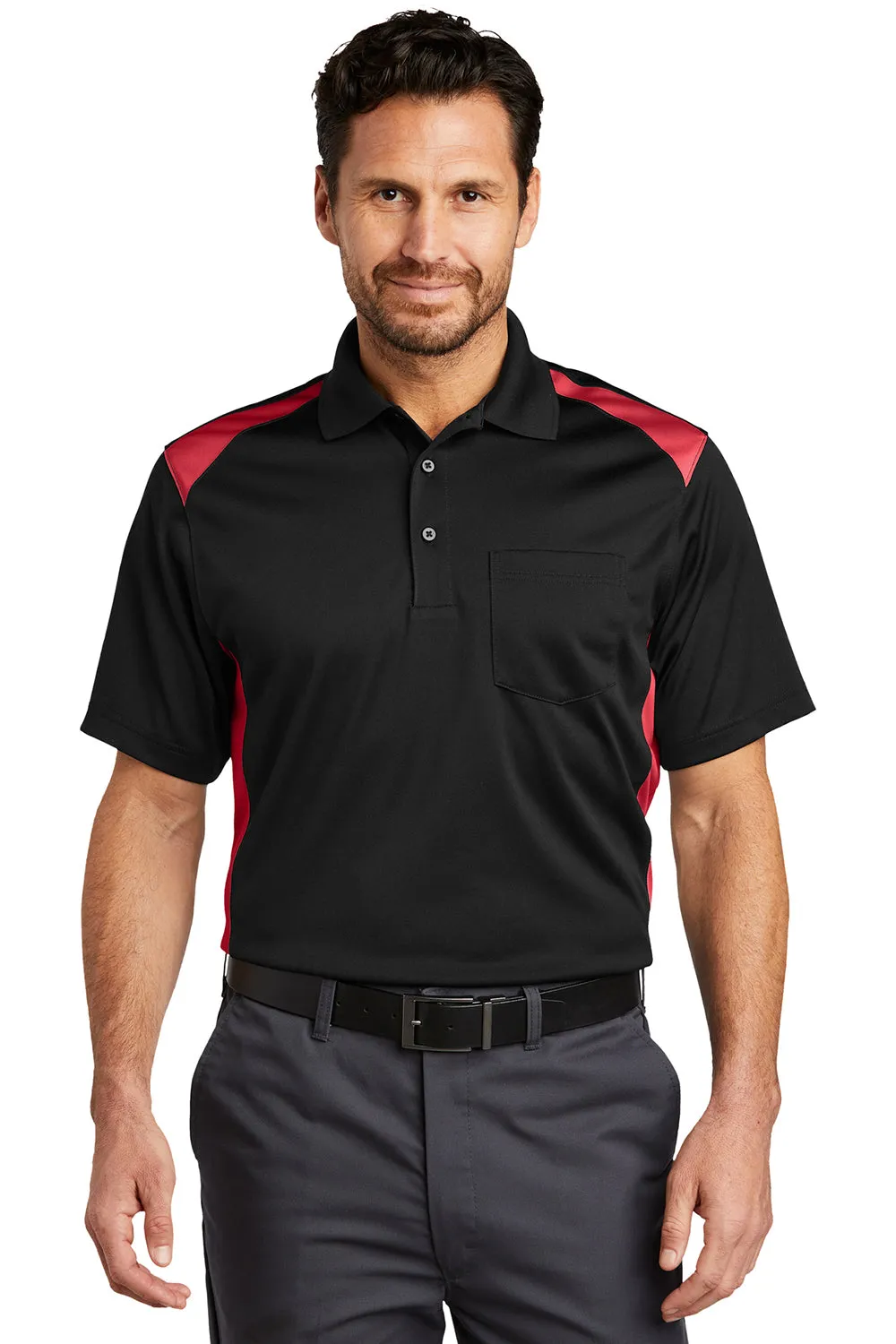 CornerStone Mens Select Moisture Wicking Short Sleeve Polo Shirt w/ Pocket - Black/Red