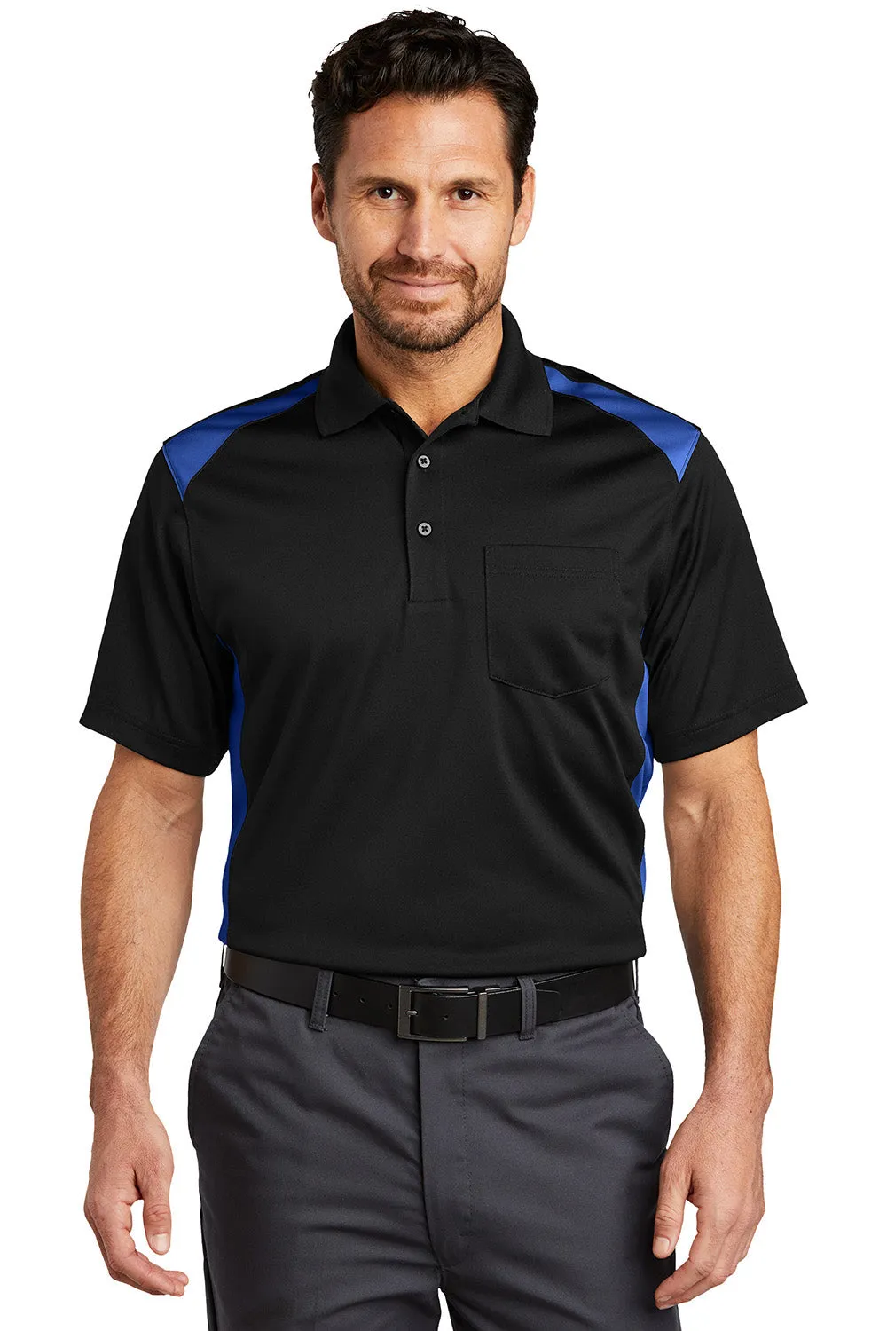 CornerStone Mens Select Moisture Wicking Short Sleeve Polo Shirt w/ Pocket - Black/Royal Blue