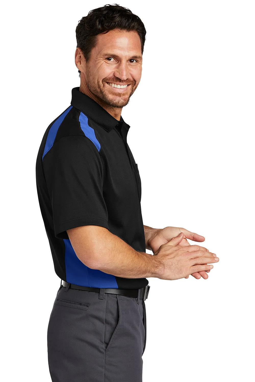 CornerStone Mens Select Moisture Wicking Short Sleeve Polo Shirt w/ Pocket - Black/Royal Blue
