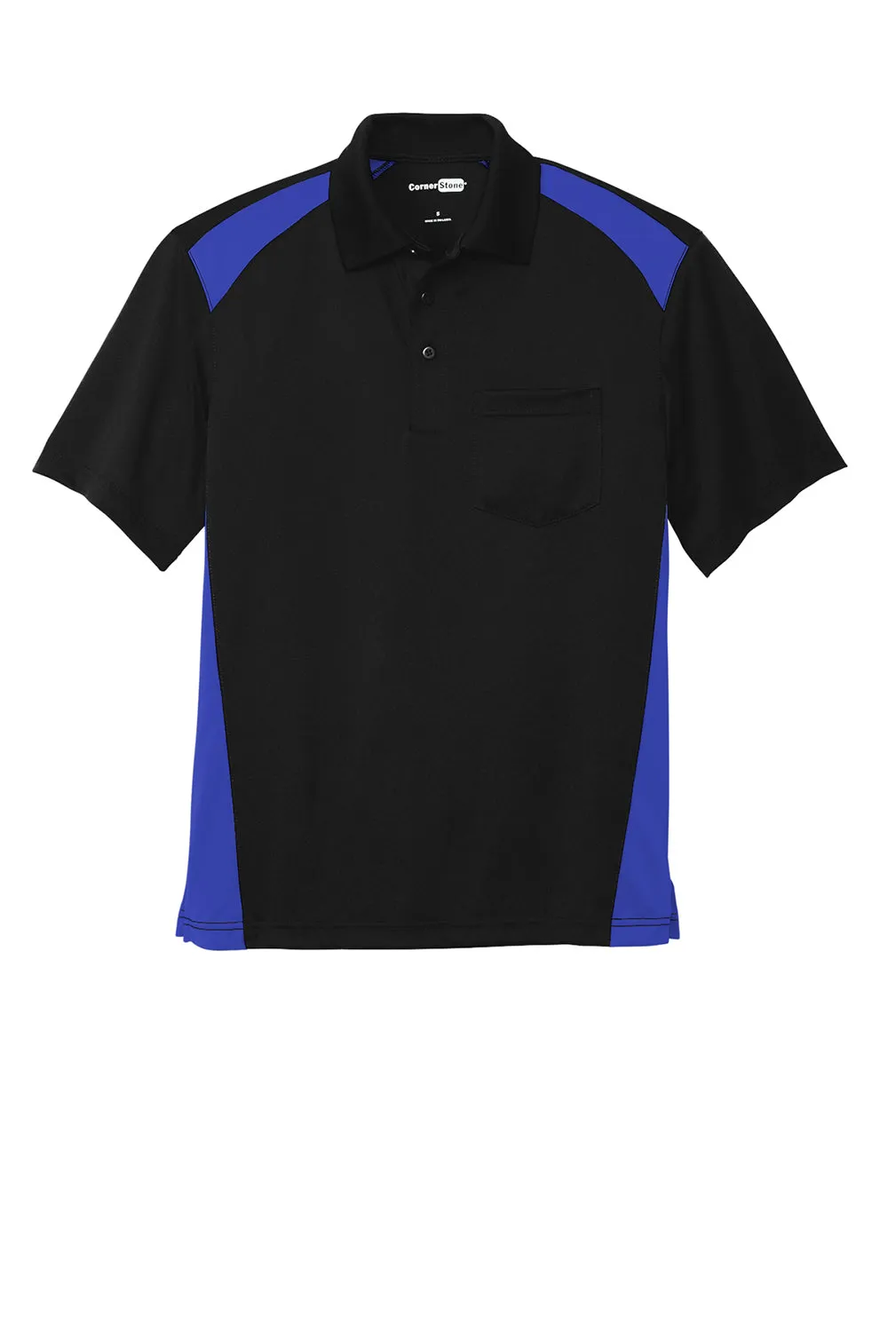 CornerStone Mens Select Moisture Wicking Short Sleeve Polo Shirt w/ Pocket - Black/Royal Blue