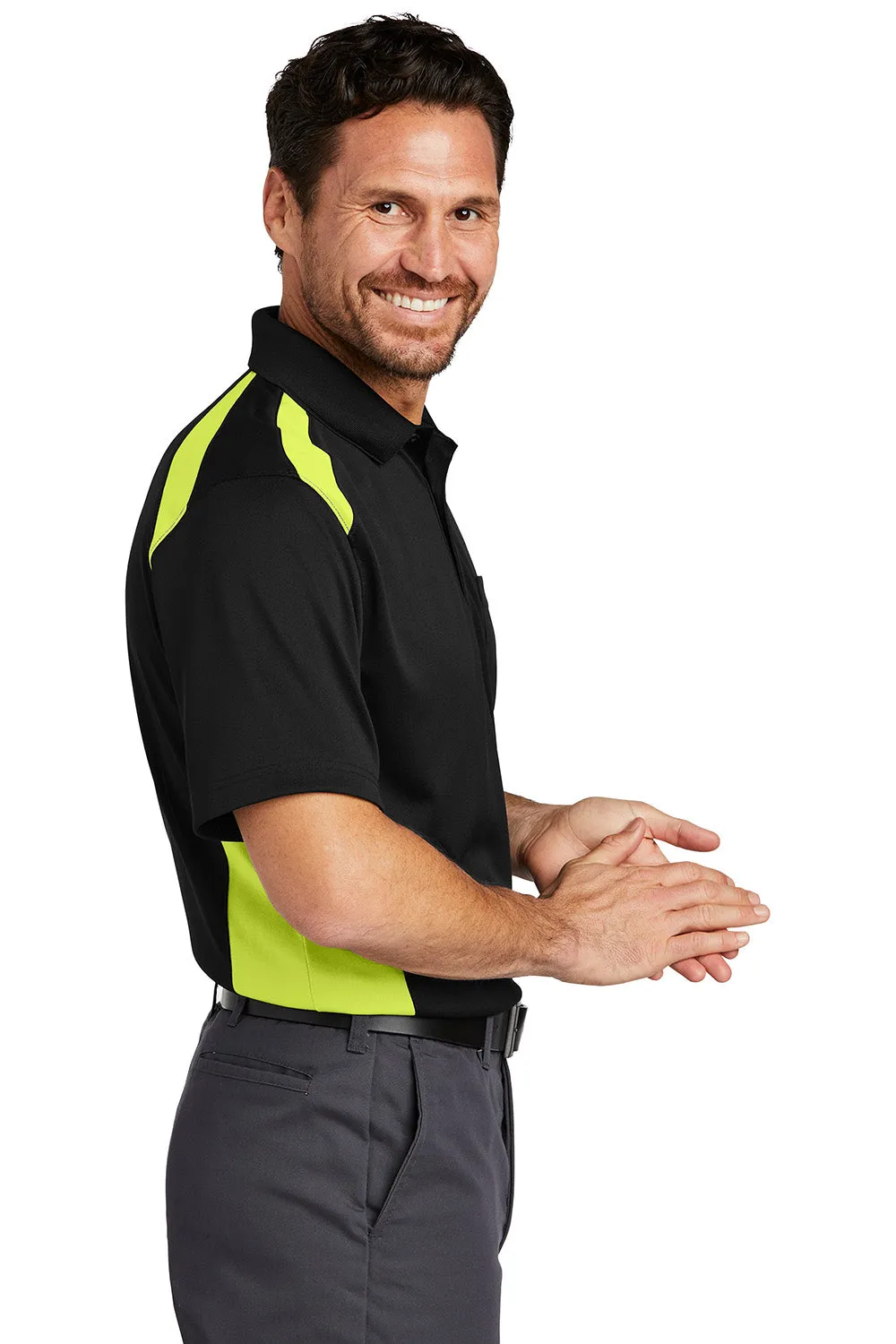 CornerStone Mens Select Moisture Wicking Short Sleeve Polo Shirt w/ Pocket - Black/Shock Green