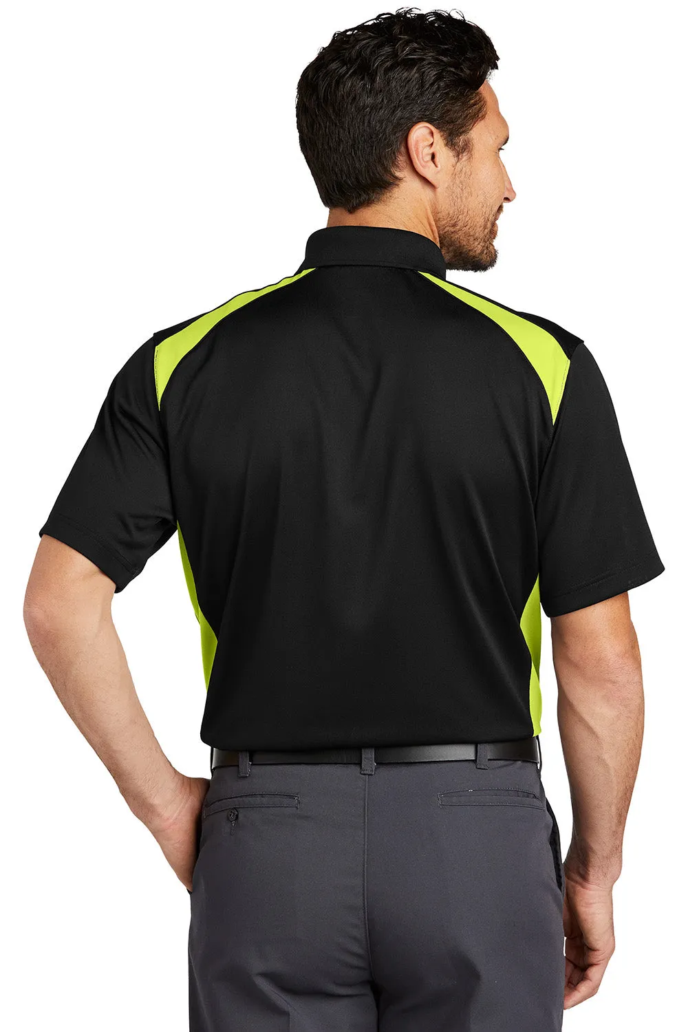 CornerStone Mens Select Moisture Wicking Short Sleeve Polo Shirt w/ Pocket - Black/Shock Green