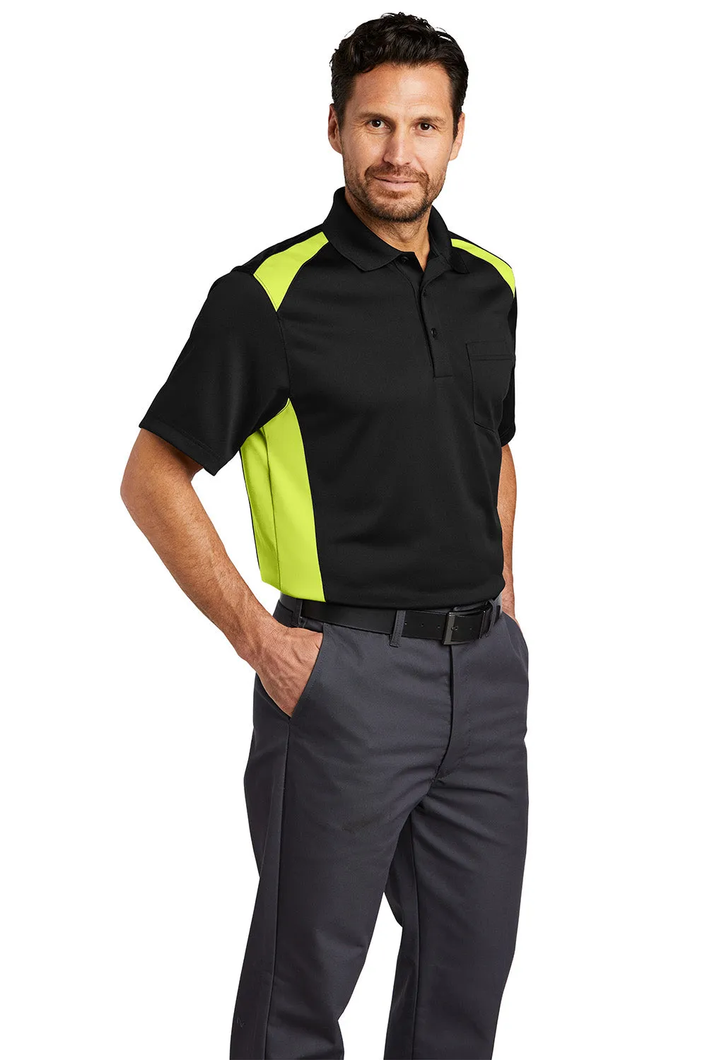 CornerStone Mens Select Moisture Wicking Short Sleeve Polo Shirt w/ Pocket - Black/Shock Green
