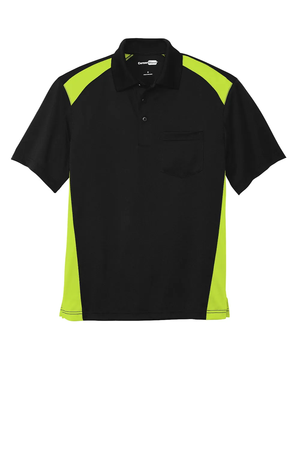 CornerStone Mens Select Moisture Wicking Short Sleeve Polo Shirt w/ Pocket - Black/Shock Green