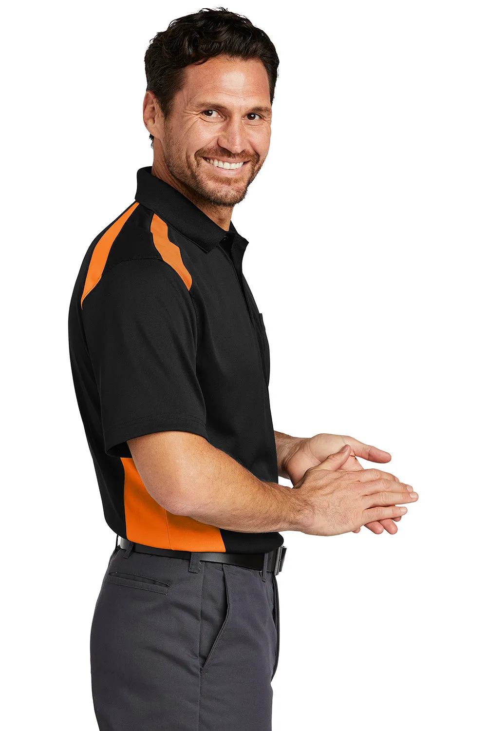 CornerStone Mens Select Moisture Wicking Short Sleeve Polo Shirt w/ Pocket - Black/Shock Orange