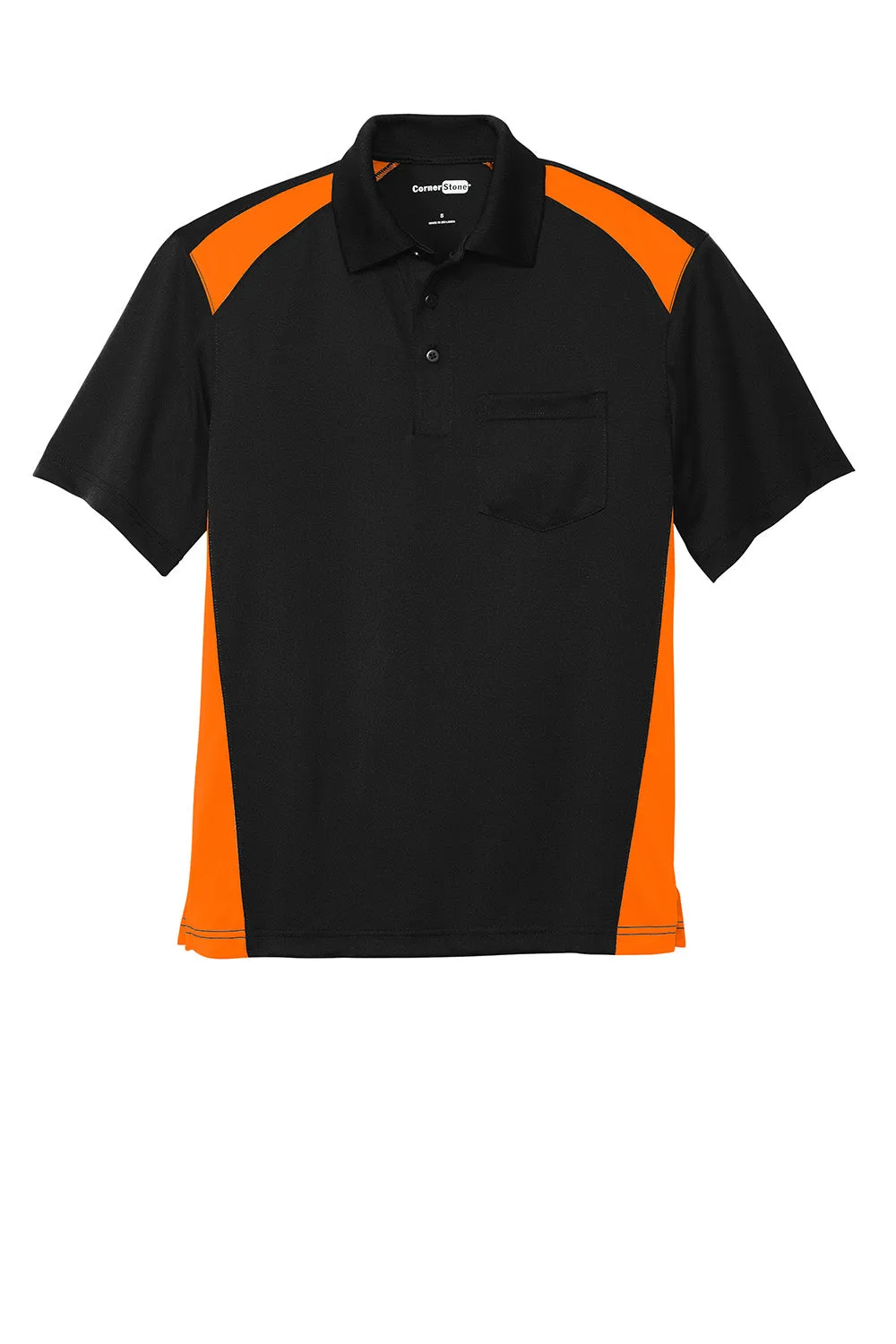 CornerStone Mens Select Moisture Wicking Short Sleeve Polo Shirt w/ Pocket - Black/Shock Orange