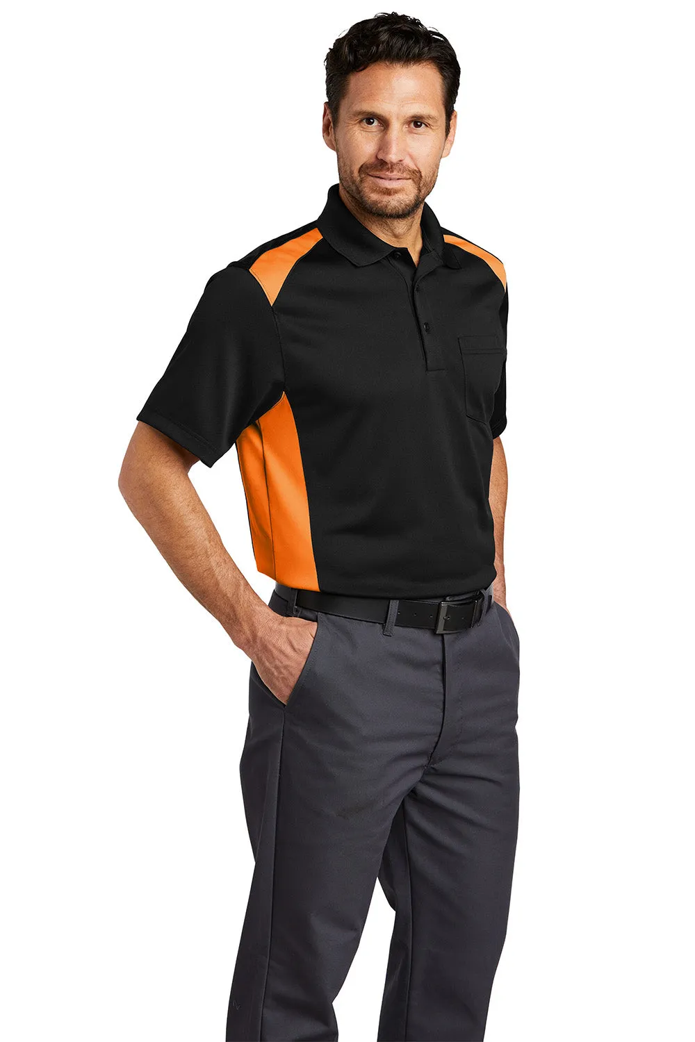 CornerStone Mens Select Moisture Wicking Short Sleeve Polo Shirt w/ Pocket - Black/Shock Orange