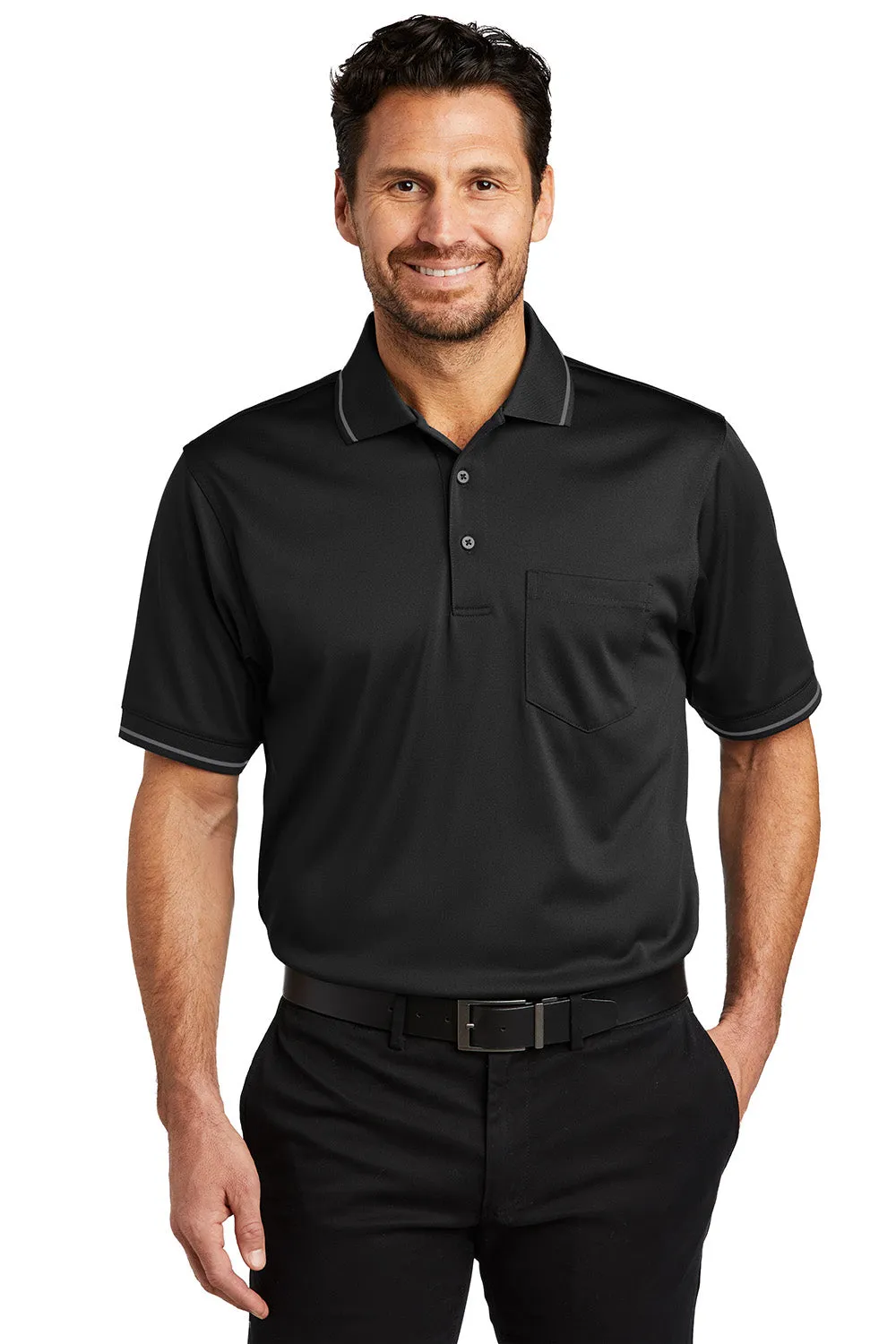 CornerStone Mens Select Moisture Wicking Short Sleeve Polo Shirt w/ Pocket - Black/Smoke Grey
